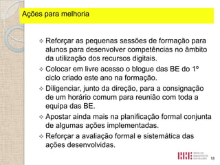 Ações fortes identificados
Pontospara melhoria

 Reforçar

as pequenas sessões de formação para
alunos para desenvolver competências no âmbito
da utilização dos recursos digitais.
 Colocar em livre acesso o blogue das BE do 1º
ciclo criado este ano na formação.
 Diligenciar, junto da direção, para a consignação
de um horário comum para reunião com toda a
equipa das BE.
 Apostar ainda mais na planificação formal conjunta
de algumas ações implementadas.
 Reforçar a avaliação formal e sistemática das
ações desenvolvidas.
18

 