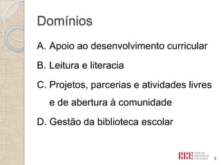 Domínios
A. Apoio ao desenvolvimento curricular

B. Leitura e literacia
C. Projetos, parcerias e atividades livres
e de abertura à comunidade
D. Gestão da biblioteca escolar

2

 