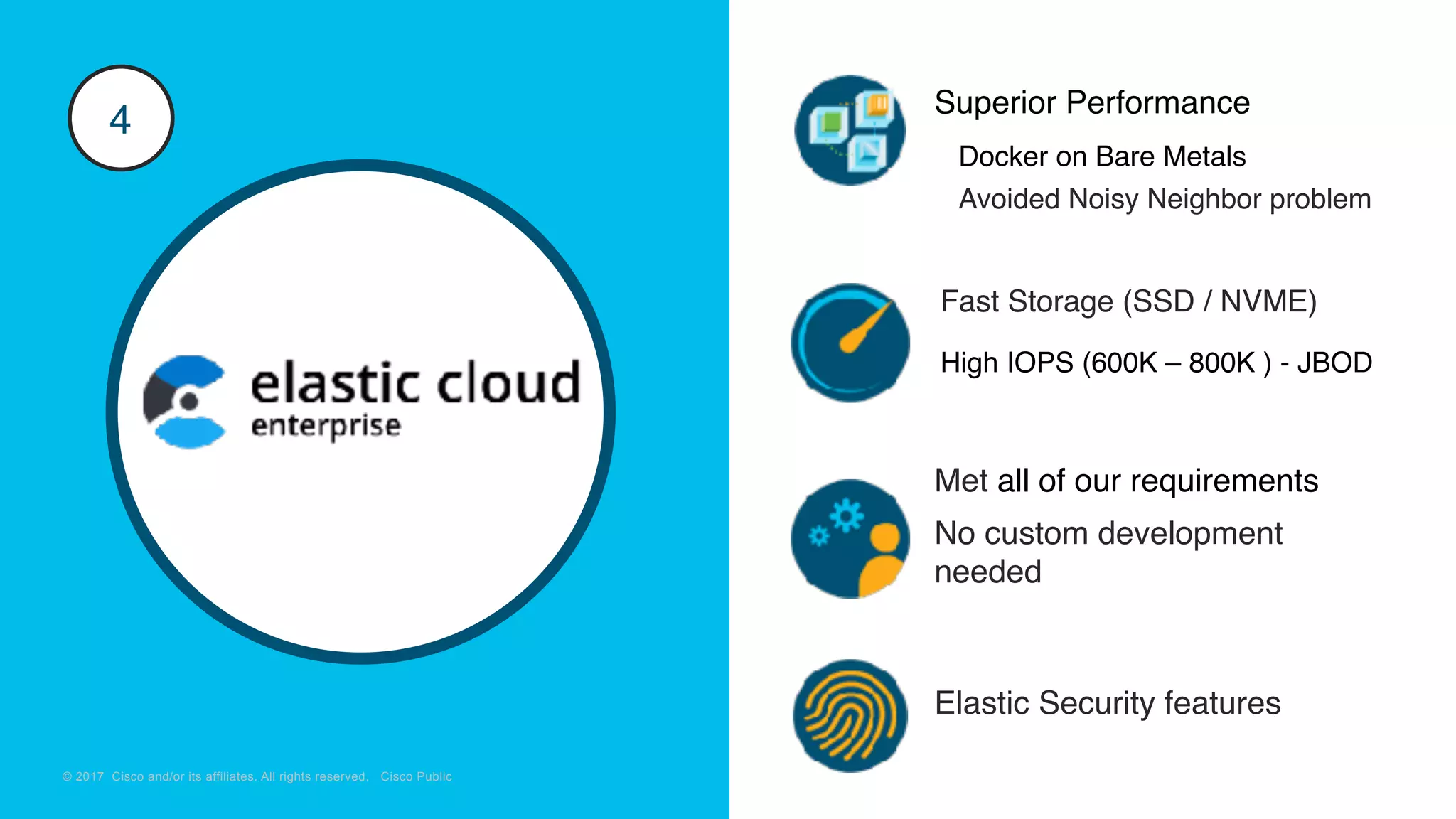 © 2018 Cisco and/or its affiliates. All rights reserved. Cisco Confidential
© 2017 Cisco and/or its affiliates. All rights reserved. Cisco Public
Superior Performance
High IOPS (600K – 800K ) - JBOD
4
Docker on Bare Metals
Elastic Security features
Fast Storage (SSD / NVME)
No custom development
needed
Met all of our requirements
Avoided Noisy Neighbor problem
 