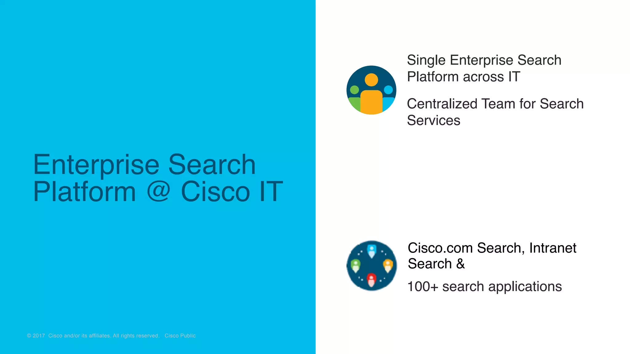 © 2018 Cisco and/or its affiliates. All rights reserved. Cisco Confidential
© 2017 Cisco and/or its affiliates. All rights reserved. Cisco Public
Cisco.com Search, Intranet
Search &
Single Enterprise Search
Platform across IT
Centralized Team for Search
Services
100+ search applications
Enterprise Search
Platform @ Cisco IT
 