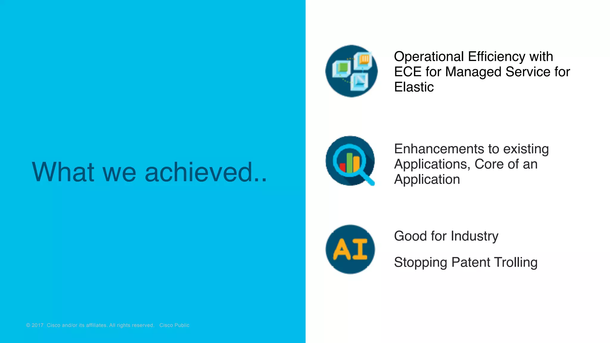 © 2018 Cisco and/or its affiliates. All rights reserved. Cisco Confidential
© 2017 Cisco and/or its affiliates. All rights reserved. Cisco Public
Operational Efficiency with
ECE for Managed Service for
Elastic
Enhancements to existing
Applications, Core of an
Application
Good for Industry
Stopping Patent Trolling
What we achieved..
 