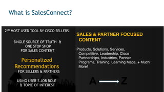 © 2018 Cisco and/or its affiliates. All rights reserved. Cisco Confidential
What is SalesConnect?
Personalized
Recommendations
A Z
2ND MOST USED TOOL BY CISCO SELLERS
SINGLE SOURCE OF TRUTH &
ONE STOP SHOP
FOR SALES CONTENT
SALES & PARTNER FOCUSED
CONTENT
Products, Solutions, Services,  
Competitive, Leadership, Cisco  
Partnerships, Industries, Partner  
Programs, Training, Learning Maps, + Much
More!
USING USER’S JOB ROLE
& TOPIC OF INTEREST
FOR SELLERS & PARTNERS
 