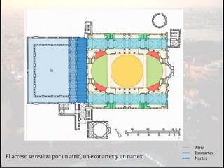 El acceso se realiza por un atrio, un exonartex y un nartex.
Atrio
Exonartex
Nartex