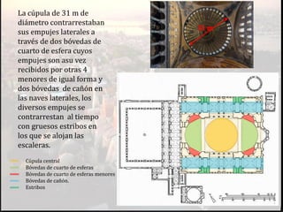 La cúpula de 31 m de
diámetro contrarrestaban
sus empujes laterales a
través de dos bóvedas de
cuarto de esfera cuyos
empujes son asu vez
recibidos por otras 4
menores de igual forma y
dos bóvedas de cañón en
las naves laterales, los
diversos empujes se
contrarrestan al tiempo
con gruesos estribos en
los que se alojan las
escaleras.
Cúpula central
Bóvedas de cuarto de esferas
Bóvedas de cuarto de esferas menores
Bóvedas de cañón.
Estribos