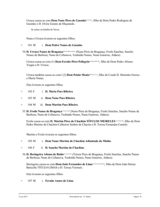 25 jun 2015 Descendentes de D. Aldara Página 18
Urraca casou-se com Dom Nuno Pires de Gusmão395,396,397
, filho de Dom Pedro Rodrigues de
Gusmão e D. Elvira Gomes de Maçanedo.
Se achou na batalha de Navas.
Nuno e Urraca tiveram os seguintes filhos:
+ 101 M i. Dom Pedro Nunes de Gusmão.
54.D. Urraca Nunes de Bragança398,399,400,401,402,403
(Nuno Pires de Bragança, Froile Sanches, Sancho
Nunes de Barboza, Nuno de Cellanova, Teobaldo Nunes, Nuno Guterres, Aldara).
Urraca casou-se com (1) Dom Fernão Pires Pellegrin404,405,406,407,408
, filho de Dom Pedro Afonso
Viegas e D. Urraca.
Urraca também casou-se com1 (2) Dom Pelaio Moniz409,410,411,412
, filho de Conde D. Moninho Ozores
e Maria Nunes.
Eles tiveram os seguintes filhos
+ 102 F i. D. Maria Paes Ribeira.
+ 103 M ii. Dom Nuno Paes Ribeiro.
+ 104 M iii. Dom Martim Paes Ribeiro.
55.D. Froile Nunes de Bragança413,414,415,416
(Nuno Pires de Bragança, Froile Sanches, Sancho Nunes de
Barboza, Nuno de Cellanova, Teobaldo Nunes, Nuno Guterres, Aldara).
Froile casou-se com D. Martim Pires de Chachim TÍTULOS MEIRELES417,418,419,420
, filho de Dom
Pedro Martins de Chachim Calheiros Senhor de Chacim e D. Tereza Fernandes Camelo.
Martim e Froile tiveram os seguintes filhos:
+ 105 M i. Dom Nuno Martins de Chachim Adiantado do Minho.
+ 106 F ii. D. Sancha Martins de Chachim.
56.D. Beringeira Afonso de Baião421,422,423,424
(Tereza Pires de Bragança, Froile Sanches, Sancho Nunes
de Barboza, Nuno de Cellanova, Teobaldo Nunes, Nuno Guterres, Aldara).
Beringeira casou-se com Dom João Fernandes de Lima425,426,427,428,429,430
, filho de Dom João Darias
Baticella TÍTULO LIMAS e D. Tereza Vermuis.
Eles tiveram os seguintes filhos
+ 107 M i. Fernão Annes de Lima.
 