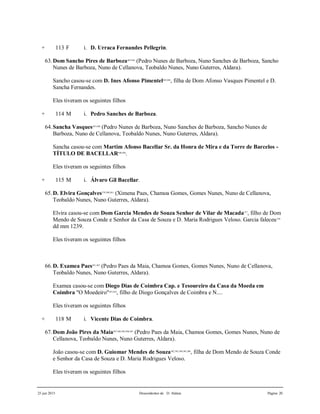 25 jun 2015 Descendentes de D. Aldara Página 20
+ 113 F i. D. Urraca Fernandes Pellegrin.
63.Dom Sancho Pires de Barboza443,444
(Pedro Nunes de Barboza, Nuno Sanches de Barboza, Sancho
Nunes de Barboza, Nuno de Cellanova, Teobaldo Nunes, Nuno Guterres, Aldara).
Sancho casou-se com D. Ines Afonso Pimentel445,446
, filha de Dom Afonso Vasques Pimentel e D.
Sancha Fernandes.
Eles tiveram os seguintes filhos
+ 114 M i. Pedro Sanches de Barboza.
64.Sancha Vasques447,448
(Pedro Nunes de Barboza, Nuno Sanches de Barboza, Sancho Nunes de
Barboza, Nuno de Cellanova, Teobaldo Nunes, Nuno Guterres, Aldara).
Sancha casou-se com Martim Afonso Bacellar Sr. da Honra de Mira e da Torre de Barcelos -
TÍTULO DE BACELLAR449,450
.
Eles tiveram os seguintes filhos
+ 115 M i. Álvaro Gil Bacellar.
65.D. Elvira Gonçalves379,380,381
(Ximena Paes, Chamoa Gomes, Gomes Nunes, Nuno de Cellanova,
Teobaldo Nunes, Nuno Guterres, Aldara).
Elvira casou-se com Dom Garcia Mendes de Souza Senhor de Vilar de Macada377
, filho de Dom
Mendo de Souza Conde e Senhor da Casa de Souza e D. Maria Rodrigues Veloso. Garcia faleceu378
dd mm 1239.
Eles tiveram os seguintes filhos
66.D. Examea Paes451,452
(Pedro Paes da Maia, Chamoa Gomes, Gomes Nunes, Nuno de Cellanova,
Teobaldo Nunes, Nuno Guterres, Aldara).
Examea casou-se com Diogo Dias de Coimbra Cap. e Tesoureiro da Casa da Moeda em
Coimbra "O Moedeiro"453,454
, filho de Diogo Gonçalves de Coimbra e N....
Eles tiveram os seguintes filhos
+ 118 M i. Vicente Dias de Coimbra.
67.Dom João Pires da Maia387,388,389,390,391
(Pedro Paes da Maia, Chamoa Gomes, Gomes Nunes, Nuno de
Cellanova, Teobaldo Nunes, Nuno Guterres, Aldara).
João casou-se com D. Guiomar Mendes de Souza382,383,384,385,386
, filha de Dom Mendo de Souza Conde
e Senhor da Casa de Souza e D. Maria Rodrigues Veloso.
Eles tiveram os seguintes filhos
 