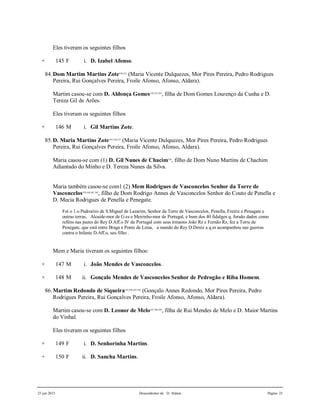 25 jun 2015 Descendentes de D. Aldara Página 25
Eles tiveram os seguintes filhos
+ 145 F i. D. Izabel Afonso.
84.Dom Martim Martins Zote530,531
(Maria Vicente Dulquezes, Mor Pires Pereira, Pedro Rodrigues
Pereira, Rui Gonçalves Pereira, Froile Afonso, Afonso, Aldara).
Martim casou-se com D. Aldonça Gomes532,533,534
, filha de Dom Gomes Lourenço da Cunha e D.
Tereza Gil de Arões.
Eles tiveram os seguintes filhos
+ 146 M i. Gil Martins Zote.
85.D. Maria Martins Zote535,536,537
(Maria Vicente Dulquezes, Mor Pires Pereira, Pedro Rodrigues
Pereira, Rui Gonçalves Pereira, Froile Afonso, Afonso, Aldara).
Maria casou-se com (1) D. Gil Nunes de Chacim538
, filho de Dom Nuno Martins de Chachim
Adiantado do Minho e D. Tereza Nunes da Silva.
Maria também casou-se com1 (2) Mem Rodrigues de Vasconcelos Senhor da Torre de
Vasconcelos539,540,541,542
, filho de Dom Rodrigo Annes de Vasconcelos Senhor do Couto de Penella e
D. Mecia Rodrigues de Penella e Penegate.
Foi o 1.o Padroeiro de S.Miguel de Lazarim, Senhor da Torre de Vasconcelos, Penella, Freiriz e Penagate e
outras terras, Alcaide-mor de G.es e Meirinho-mor de Portugal, e hum dos 40 fidalgos q. foraão dados como
reféns nas pazes do Rey D.Aff.o IV de Portugal com seus irmaons João Rz e Fernão Rz, fez a Torre de
Penegate, que está entre Braga e Ponte de Lima, a mando do Rey D.Deniz a q.m acompanhou nas guerras
contra o Infante D.Aff.o, seu filho .
Mem e Maria tiveram os seguintes filhos:
+ 147 M i. João Mendes de Vasconcelos.
+ 148 M ii. Gonçalo Mendes de Vasconcelos Senhor de Pedrogão e Riba Homem.
86.Martim Redondo de Siqueira543,544,545,546
(Gonçalo Annes Redondo, Mor Pires Pereira, Pedro
Rodrigues Pereira, Rui Gonçalves Pereira, Froile Afonso, Afonso, Aldara).
Martim casou-se com D. Leonor de Melo547,548,549
, filha de Rui Mendes de Melo e D. Maior Martins
do Vinhal.
Eles tiveram os seguintes filhos
+ 149 F i. D. Senhorinha Martins.
+ 150 F ii. D. Sancha Martins.
 
