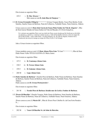 25 jun 2015 Descendentes de D. Aldara Página 33
Eles tiveram os seguintes filhos
195 F i. D. Mor Álvares716,717
.
Mor casou-se com D. João Dias de Finojoza718,719
.
113.D. Urraca Fernandes Pellegrin602,603,604,605,606,607,608
(Urraca Vasques Beirão, Vasco Pires Beirão, Froile
Sanches, Sancho Nunes de Barboza, Nuno de Cellanova, Teobaldo Nunes, Nuno Guterres, Aldara).
Urraca casou-se com (1) Dom João Garcia de Souza Pinto Senhor da Vila de Alegrete601
, filho
de Dom Garcia Mendes de Souza Senhor de Vilar de Macada e D. Elvira Gonçalves.
Foi o primeiro que appelidou Pinto e por isso chefe dos Pintos ou por alcunha que lhe fizerão por ser tão bello
sua prezença, q. parecia q. a natureza o pintara ou por q. vindo de hua batalha vitoriozo e tinto em sangue lhe
dice El Rey D.João = como vindes Pinto = Foy Rico Homem e Sr. da Villa de Alegrete, Fronteiro-mor e
Guarda-mor das terras de Lamego em tempo do El Rey D.Aff.o V de Portugal.
João e Urraca tiveram os seguintes filhos:
Urraca também casou-se com1 (2) Dom Afonso Pires Gato "O Gato"720,721,722,723,724,725,726
, filho de Dom
Pedro Nunes Velho TÍTULO GATOS e D. Maria Annes.
Eles tiveram os seguintes filhos
+ 197 F ii. D. Constança Afonso Gato.
+ 198 F iii. D. Tereza Afonso Gato.
+ 199 F iv. D. Guiomar Afonso Gato.
+ 200 M v. Lopo Afonso Gato.
114.Pedro Sanches de Barboza728
(Sancho Pires de Barboza, Pedro Nunes de Barboza, Nuno Sanches
de Barboza, Sancho Nunes de Barboza, Nuno de Cellanova, Teobaldo Nunes, Nuno Guterres,
Aldara).
Pedro casou-se com D. Urraca Portocarreiro729
.
Eles tiveram os seguintes filhos
+ 201 M i. Fernão Pires de Barboza Alcaide-mor de Leiria e Senhor de Barboza.
115.Álvaro Gil Bacellar730
(Sancha Vasques, Pedro Nunes de Barboza, Nuno Sanches de Barboza,
Sancho Nunes de Barboza, Nuno de Cellanova, Teobaldo Nunes, Nuno Guterres, Aldara).
Álvaro casou-se com (1) Mecia Gil731
, filha de Álvaro Pires Cabellos Sr. da Casa Forte Parada e
N....
Eles tiveram os seguintes filhos
+ 202 M i. Vasco Gil Bacellar Sr. do Solar de Barcelos.
 