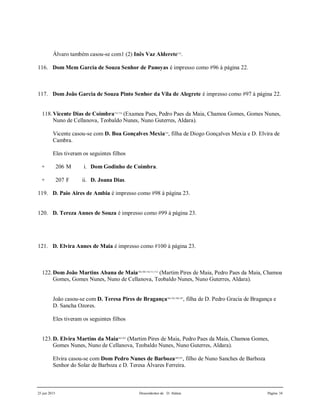 25 jun 2015 Descendentes de D. Aldara Página 34
Álvaro também casou-se com1 (2) Inês Vaz Alderete732
.
116. Dom Mem Garcia de Souza Senhor de Panoyas é impresso como #96 à página 22.
117. Dom João Garcia de Souza Pinto Senhor da Vila de Alegrete é impresso como #97 à página 22.
118.Vicente Dias de Coimbra733,734
(Examea Paes, Pedro Paes da Maia, Chamoa Gomes, Gomes Nunes,
Nuno de Cellanova, Teobaldo Nunes, Nuno Guterres, Aldara).
Vicente casou-se com D. Boa Gonçalves Mexia735
, filha de Diogo Gonçalves Mexia e D. Elvira de
Cambra.
Eles tiveram os seguintes filhos
+ 206 M i. Dom Godinho de Coimbra.
+ 207 F ii. D. Joana Dias.
119. D. Paio Aires de Ambia é impresso como #98 à página 23.
120. D. Tereza Annes de Souza é impresso como #99 à página 23.
121. D. Elvira Annes de Maia é impresso como #100 à página 23.
122.Dom João Martins Abana de Maia708,709,710,711,712
(Martim Pires de Maia, Pedro Paes da Maia, Chamoa
Gomes, Gomes Nunes, Nuno de Cellanova, Teobaldo Nunes, Nuno Guterres, Aldara).
João casou-se com D. Teresa Pires de Bragança704,705,706,707
, filha de D. Pedro Gracia de Bragança e
D. Sancha Ozores.
Eles tiveram os seguintes filhos
123.D. Elvira Martins da Maia262,263
(Martim Pires de Maia, Pedro Paes da Maia, Chamoa Gomes,
Gomes Nunes, Nuno de Cellanova, Teobaldo Nunes, Nuno Guterres, Aldara).
Elvira casou-se com Dom Pedro Nunes de Barboza260,261
, filho de Nuno Sanches de Barboza
Senhor do Solar de Barboza e D. Teresa Álvares Ferreira.
 