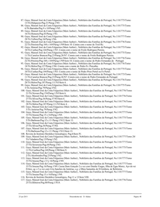 25 jun 2015 Descendentes de D. Aldara Página 40
87. Gayo, Manoel José da Costa Felgueiras (Main Author) , Nobiliário das Famílias de Portugal, No.1181775/Tomo
13/Tit.Dulquezes/Pag.21/Parag.1/N5.
88. Gayo, Manoel José da Costa Felgueiras (Main Author) , Nobiliário das Famílias de Portugal, No.1181775/Tomo
6/Tit.Barradas/Pag.9 e 10/Parag.1/N5.
89. Gayo, Manoel José da Costa Felgueiras (Main Author) , Nobiliário das Famílias de Portugal, No.1181775/Tomo
16/Tit.Homens/Pag.83/Parag.1/N1.
90. Gayo, Manoel José da Costa Felgueiras (Main Author) , Nobiliário das Famílias de Portugal, No.1181777/Tomo
28/Tit.Velhos/Pag.34/Parag.1/N6.
91. Gayo, Manoel José da Costa Felgueiras (Main Author) , Nobiliário das Famílias de Portugal, No.1181776/Tomo
22/Tit.Pereiras/Pag.168 e 169/Parag.1/N9/Item 10. Consta com o nome de Troil Rz.
92. Gayo, Manoel José da Costa Felgueiras (Main Author) , Nobiliário das Famílias de Portugal, No.1181775/Tomo
10/Tit.Cunhas/Pag.144/Parag.1/N5. Consta com o nome de Froile Rodrigues Pereira.
93. Gayo, Manoel José da Costa Felgueiras (Main Author) , Nobiliário das Famílias de Portugal, No.1181775/Tomo
11/Tit.Castelos Brancos/Pag.23/Parag.26/N7. Consta com o nome de Froile Rodrigues Pereira.
94. Gayo, Manoel José da Costa Felgueiras (Main Author) , Nobiliário das Famílias de Portugal, No.1181776/Tomo
22/Tit.Pereiras/Pag.168 e 169/Parag.1/N9/item 10. Consta com o nome de Pedro Fernandes de Portugal.
95. Gayo, Manoel José da Costa Felgueiras (Main Author) , Nobiliário das Famílias de Portugal, No.1181776/Tomo
18/Tit.Melos/Pag.127/Parag.1/N6. Consta com o nome de Pedro Fz. Porcalho.
96. Gayo, Manoel José da Costa Felgueiras (Main Author) , Nobiliário das Famílias de Portugal, No.1181775/Tomo
10/Tit.Cunhas/Pag.144/Parag.1/N5. Consta com o nome de Pedro Pires Portel ou Fz Portel.
97. Gayo, Manoel José da Costa Felgueiras (Main Author) , Nobiliário das Famílias de Portugal, No.1181775/Tomo
11/Tit.Castelos Brancos/Pag.23/Parag.26/N7. Consta com o nome de Pedro Fernandes de Portugal.
98. Gayo, Manoel José da Costa Felgueiras (Main Author) , Nobiliário das Famílias de Portugal, No.1181776/Tomo
28/Tit.Melos/Pag.187/Parag.111/N3/Item 4. .
99. Gayo, Manoel José da Costa Felgueiras (Main Author) , Nobiliário das Famílias de Portugal, No.1181775/Tomo
3/Tit.Astúrias/Pag.79/Parag.3/N2.
100. Gayo, Manoel José da Costa Felgueiras (Main Author) , Nobiliário das Famílias de Portugal, No.1181776/Tomo
21/Tit.Novaes/Pag.154/Parag.1/N5/Item 6.
101. Gayo, Manoel José da Costa Felgueiras (Main Author) , Nobiliário das Famílias de Portugal, No.1181776/Tomo
27/Tit.Silvas/Pag.36/Parag.37/N5/Item 6.
102. Gayo, Manoel José da Costa Felgueiras (Main Author) , Nobiliário das Famílias de Portugal, No.1181776/Tomo
28/Tit.Melos/Pag.187/Parag.111/N3/Item 4. .
103. Gayo, Manoel José da Costa Felgueiras (Main Author) , Nobiliário das Famílias de Portugal, No.1181775/Tomo
3/Tit.Astúrias/Pag.79/Parag.3/N2.
104. Gayo, Manoel José da Costa Felgueiras (Main Author) , Nobiliário das Famílias de Portugal, No.1181777/Tomo
33/Tit.Souzas/Pag.15 e 16/Parag.1/N9.
105. Gayo, Manoel José da Costa Felgueiras (Main Author) , Nobiliário das Famílias de Portugal, No.1181775/Tomo
5/Tit.Barbosas/Pag.12 e 13 /Parag.1/N12./Item 13.
106. Gayo, Manoel José da Costa Felgueiras (Main Author) , Nobiliário das Famílias de Portugal, No.1181777/Tomo
27/Tit.Silvas/Pag.36/Parag.37/N4.
107. Gayo, Manoel José da Costa Felgueiras (Main Author) , Nobiliário das Famílias de Portugal, No.1181775/Tomo
5/Tit.Barbosas/Pag.12 e 13 /Parag.1/N12/Item 13.
108. Revista do Instituto Heraldico Genealógico, Pag.6/Item IV.
109. Gayo, Manoel José da Costa Felgueiras (Main Author) , Nobiliário das Famílias de Portugal, No.1181777/Tomo 28/
Tit.Valadares/Pag.15/Parag.1/N2.
110. Gayo, Manoel José da Costa Felgueiras (Main Author) , Nobiliário das Famílias de Portugal, No.1181777/Tomo
27/Tit.Soverozas/Pag.64/Parag.1/N3.
111. Gayo, Manoel José da Costa Felgueiras (Main Author) , Nobiliário das Famílias de Portugal, No.1181775/Tomo
11/Tit.Coelhos/Pag.169/Parag.1/N8/Item 9.
112. Gayo, Manoel José da Costa Felgueiras (Main Author) , Nobiliário das Famílias de Portugal, No.1181775/Tomo
2/Tit.Alcoforados/Pag.23/Parag.1/N2.
113. Gayo, Manoel José da Costa Felgueiras (Main Author) , Nobiliário das Famílias de Portugal, No.1181777/Tomo
33/Tit.Souzas/Pag.s 15 e 16/Parag.1/N9.
114. Gayo, Manoel José da Costa Felgueiras (Main Author) , Nobiliário das Famílias de Portugal, No.1181777/Tomo
33/Tit.Souzas/Pag.16/Parag.1/N9. Casou Dom Gonçalo 2.a vez com Dordia Viegas, filha de Egas Moniz, Ayo do rei
D.Iniz, cg. e 3.a vez com Urra Sanches da Astúrias, s.g. e filhos bastardos de D.Goldora, de Refeiteira.
115. Gayo, Manoel José da Costa Felgueiras (Main Author) , Nobiliário das Famílias de Portugal, No.1181777/Tomo
33/Tit.Souzas/Pag.15 e 16/Parag.1/N9.
116. Revista do Instituto Heraldico Genealógico, Pag.11 a 13/Item VIII.
117. Gayo, Manoel José da Costa Felgueiras (Main Author) , Nobiliário das Famílias de Portugal, No.1181776/Tomo
25/Tit.Ribeiros/Pag.80/Parag.1/N14.
 