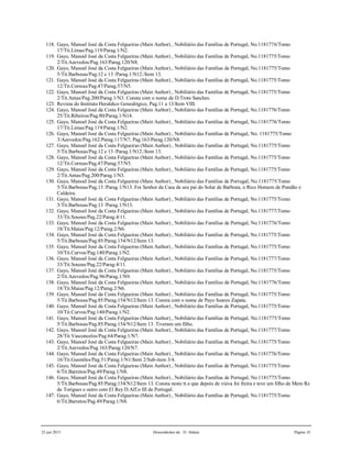 25 jun 2015 Descendentes de D. Aldara Página 41
118. Gayo, Manoel José da Costa Felgueiras (Main Author) , Nobiliário das Famílias de Portugal, No.1181776/Tomo
17/Tit.Limas/Pag.119/Parag.1/N2.
119. Gayo, Manoel José da Costa Felgueiras (Main Author) , Nobiliário das Famílias de Portugal, No.1181775/Tomo
2/Tit.Azevedos/Pag.163/Parag.120/N8.
120. Gayo, Manoel José da Costa Felgueiras (Main Author) , Nobiliário das Famílias de Portugal, No.1181775/Tomo
5/Tit.Barbosas/Pag.12 e 13 /Parag.1/N12./Item 13.
121. Gayo, Manoel José da Costa Felgueiras (Main Author) , Nobiliário das Famílias de Portugal, No.1181775/Tomo
12/Tit.Correas/Pag.47/Parag.57/N5.
122. Gayo, Manoel José da Costa Felgueiras (Main Author) , Nobiliário das Famílias de Portugal, No.1181775/Tomo
2/Tit.Antas/Pag.200/Parag.1/N3. Consta com o nome de D.Trote Sanches.
123. Revista do Instituto Heraldico Genealógico, Pag.11 a 13/Item VIII.
124. Gayo, Manoel José da Costa Felgueiras (Main Author) , Nobiliário das Famílias de Portugal, No.1181776/Tomo
25/Tit.Ribeiros/Pag.80/Parag.1/N14.
125. Gayo, Manoel José da Costa Felgueiras (Main Author) , Nobiliário das Famílias de Portugal, No.1181776/Tomo
17/Tit.Limas/Pag.119/Parag.1/N2.
126. Gayo, Manoel José da Costa Felgueiras (Main Author) , Nobiliário das Famílias de Portugal, No. 1181775/Tomo
3/Azevedos/Pag.162/Parag.117/N7; Pag.163/Parag.120/N8.
127. Gayo, Manoel José da Costa Felgueiras (Main Author) , Nobiliário das Famílias de Portugal, No.1181775/Tomo
5/Tit.Barbosas/Pag.12 e 13 /Parag.1/N12./Item 13.
128. Gayo, Manoel José da Costa Felgueiras (Main Author) , Nobiliário das Famílias de Portugal, No.1181775/Tomo
12/Tit.Correas/Pag.47/Parag.57/N5.
129. Gayo, Manoel José da Costa Felgueiras (Main Author) , Nobiliário das Famílias de Portugal, No.1181775/Tomo
2/Tit.Antas/Pag.200/Parag.1/N3.
130. Gayo, Manoel José da Costa Felgueiras (Main Author) , Nobiliário das Famílias de Portugal, No.1181775/Tomo
5/Tit.Barbosas/Pag.13 /Parag.1/N13. Foi Senhor da Casa de seu pai do Solar de Barboza, o Rico Homem de Pondão e
Caldeira.
131. Gayo, Manoel José da Costa Felgueiras (Main Author) , Nobiliário das Famílias de Portugal, No.1181775/Tomo
5/Tit.Barbosas/Pag.13 /Parag.1/N13.
132. Gayo, Manoel José da Costa Felgueiras (Main Author) , Nobiliário das Famílias de Portugal, No.1181777/Tomo
33/Tit.Souzas/Pag.22/Parag.4/11.
133. Gayo, Manoel José da Costa Felgueiras (Main Author) , Nobiliário das Famílias de Portugal, No.1181776/Tomo
18/Tit.Maias/Pag.12/Parag.2/N6.
134. Gayo, Manoel José da Costa Felgueiras (Main Author) , Nobiliário das Famílias de Portugal, No.1181775/Tomo
5/Tit.Barbosas/Pag.85/Parag.154/N12/Item 13.
135. Gayo, Manoel José da Costa Felgueiras (Main Author) , Nobiliário das Famílias de Portugal, No.1181775/Tomo
10/Tit.Curvos/Pag.140/Parag.1/N2.
136. Gayo, Manoel José da Costa Felgueiras (Main Author) , Nobiliário das Famílias de Portugal, No.1181777/Tomo
33/Tit.Souzas/Pag.22/Parag.4/11.
137. Gayo, Manoel José da Costa Felgueiras (Main Author) , Nobiliário das Famílias de Portugal, No.1181775/Tomo
2/Tit.Azevedos/Pag.96/Parag.1/N9.
138. Gayo, Manoel José da Costa Felgueiras (Main Author) , Nobiliário das Famílias de Portugal, No.1181776/Tomo
18/Tit.Maias/Pag.12/Parag.2/N6.
139. Gayo, Manoel José da Costa Felgueiras (Main Author) , Nobiliário das Famílias de Portugal, No.1181775/Tomo
5/Tit.Barbosas/Pag.85/Parag.154/N12/Item 13. Consta com o nome de Payo Soares Zapata.
140. Gayo, Manoel José da Costa Felgueiras (Main Author) , Nobiliário das Famílias de Portugal, No.1181775/Tomo
10/Tit.Curvos/Pag.140/Parag.1/N2.
141. Gayo, Manoel José da Costa Felgueiras (Main Author) , Nobiliário das Famílias de Portugal, No.1181775/Tomo
5/Tit.Barbosas/Pag.85/Parag.154/N12/Item 13. Tiveram um filho.
142. Gayo, Manoel José da Costa Felgueiras (Main Author) , Nobiliário das Famílias de Portugal, No.1181777/Tomo
28/Tit.Vasconcelos/Pag.64/Parag.1/N7.
143. Gayo, Manoel José da Costa Felgueiras (Main Author) , Nobiliário das Famílias de Portugal, No.1181775/Tomo
2/Tit.Azevedos/Pag.163/Parag.120/N7.
144. Gayo, Manoel José da Costa Felgueiras (Main Author) , Nobiliário das Famílias de Portugal, No.1181776/Tomo
16/Tit.Gusmões/Pag.51/Parag.1/N1/Item 2/Sub-item 3/4.
145. Gayo, Manoel José da Costa Felgueiras (Main Author) , Nobiliário das Famílias de Portugal, No.1181775/Tomo
6/Tit.Barretos/Pag.49/Parag.1/N8.
146. Gayo, Manoel José da Costa Felgueiras (Main Author) , Nobiliário das Famílias de Portugal, No.1181775/Tomo
5/Tit.Barbosas/Pag.85/Parag.154/N12/Item 13. Consta neste tt.o que depois de viúva foi freira e teve um filho de Mem Rz
de Torigues e outro com El Rey D.Aff.o III de Portugal.
147. Gayo, Manoel José da Costa Felgueiras (Main Author) , Nobiliário das Famílias de Portugal, No.1181775/Tomo
6/Tit.Barretos/Pag.49/Parag.1/N8.
 