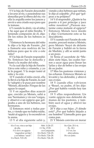 5 Y la hija de Faraón descendió
a lavarse al río, y paseándose sus
doncellas por la ribera del río, vio
ella la arquilla entre los juncos y
envió a una criada suya para que
la tomase.
6 Y cuando la abrió, vio al niño;
y he aquí que el niño lloraba. Y
teniendo compasión de él, dijo:
De los niños de los hebreos es
éste.
7 Entonces la hermana del niño
le dijo a la hija de Faraón: ¿Iré
a llamarte una nodriza de las
hebreas para que te críe a este
niño?
8 Y la hija de Faraón respondió:
Ve. Entonces fue la doncella y
llamó a la madre del niño,
9 a la cual dijo la hija de Faraón:
Lleva este niño y críamelo, y yo
te lo pagaré. Y la mujer tomó al
niño y lo crió.
10 Y cuando el niño creció, ella
lo llevó a la hija de Faraón, la cual
lo a
adoptó y le puso por nombre
b
Moisés, diciendo: Porque de las
aguas lo saqué.
11 Y en aquellos días acaeció
que, crecido ya Moisés, salió a
sus a
hermanos y vio sus b
cargas,
y observó a un egipcio que gol-
peaba a uno de los hebreos, sus
hermanos.
12 Entonces miró a todas par-
tes, y viendo que no había nadie,
a
mató al egipcio y lo escondió en
la arena.
13 Y al día siguiente salió y,
viendo a dos hebreos que reñían,
le dijo al culpable: ¿Por qué a
gol-
peas a tu prójimo?
14 Y él respondió: ¿Quién te ha
puesto a ti por príncipe y juez
sobre nosotros? ¿Piensas ma-
tarme como mataste al egipcio?
Entonces Moisés tuvo miedo
y dijo: Ciertamente esto se ha
descubierto.
15 Y cuando oyó Faraón de este
asunto, procuró matar a Moisés;
pero Moisés a
huyó de delante
de Faraón y habitó en la tierra
de Madián; y allí se sentó junto
a un pozo.
16 Tenía el sacerdote de a
Ma-
dián siete hijas, las cuales fue-
ron a sacar agua para llenar las
b
pilas y dar de beber a las ovejas
de su padre.
17 Mas los pastores vinieron y
las echaron. Entonces Moisés se
levantó y las defendió, y abrevó
sus ovejas.
18 Y cuando ellas volvieron
a a
Reuel, su padre, él les dijo:
¿Por qué habéis venido hoy tan
pronto?
19 Y ellas respondieron: Un
varón egipcio nos defendió de
manos de los pastores, y tam-
bién sacó el agua y abrevó las
ovejas.
20 Y dijo a sus hijas: ¿Y dónde
está? ¿Por qué habéis dejado a
ese hombre? Llamadle para que
coma pan.
21 Y Moisés convino en morar
10 a O sea, vino a ser hijo
de ella.
b Es decir, en egipcio
“engendrar un hijo”,
y en hebreo “sacar”.
11 a Hech. 7:23–25;
Heb. 11:24–27.
b 1 Ne. 17:25.
GEE Compasión.
12 a Hech. 7:24–25.
13 a Hech. 7:26–28.
15 a Hech. 7:26–29.
16 a Gén. 25:1–6;
Éx. 18:1.
b O sea, los
abrevaderos.
18 a GEE Jetro.
95 ÉXODO 2:5–21
 