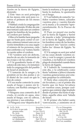 Aarón en la tierra de Egipto,
diciendo:
2 Este a
mes os será principio
de los meses; éste será para vo-
sotros el primero de los meses
del año.
3 Hablad a toda la congregación
de Israel, diciendo: El diez de este
mes tomará cada uno un cordero
según las familias de los padres,
un cordero por familia.
4 Mas si la familia fuere pequeña
que no baste para comer el cor-
dero, entonces tomará uno con su
vecino inmediato a su casa; según
el número de las personas, cada
uno conforme a su a
comer, haréis
la cuenta sobre el cordero.
5 El a
cordero será sin defecto,
macho de un año; lo tomaréis de
las ovejas o de las cabras.
6 Y lo guardaréis hasta el a
día
catorce de este mes, y lo inmolará
toda la congregación del pueblo
de Israel al atardecer.
7 Y tomarán de la sangre y la
pondrán en los dos postes y en
el dintel de las casas en que lo
han de comer.
8 Y esa noche comerán la carne
asada al fuego y panes sin le-
vadura; con hierbas amargas lo
comerán.
9 Ninguna cosa comeréis de él
cruda, ni cocida en agua, sino
asada al fuego, con su cabeza,
sus piernas y sus entrañas.
10 Ninguna cosa a
dejaréis de él
hasta la mañana; y lo que quede
hasta la mañana, lo quemaréis
en el fuego.
11 Y así habréis de comerlo: a
ce-
ñidos vuestros lomos, calzados
vuestros pies y vuestro báculo
en la mano; y lo comeréis b
apre-
suradamente. Es la Pascua de
Jehová.
12 Pues yo pasaré esa noche
por la tierra de Egipto y heriré
de muerte a todo a
primogénito
en la tierra de Egipto, tanto de
los hombres como de las bestias;
y ejecutaré mis b
juicios contra
todos los c
dioses de Egipto. Yo
Jehová.
13 Y la sangre os será por señal
en las casas donde vosotros es-
téis; y veré la sangre y pasaré de
vosotros, y no habrá en vosotros
plaga de mortandad cuando hiera
la tierra de Egipto.
14 Y habréis de a
conmemorar
este día, y lo celebraréis como
ﬁesta b
solemne a Jehová durante
vuestras generaciones; por esta-
tuto perpetuo lo celebraréis.
15 Siete días comeréis panes
sin levadura; y así el primer día
haréis que no haya levadura
en vuestras casas, porque cual-
quiera que comiere algo leudado
desde el primer día hasta el sép-
timo, aquella alma será a
talada
de Israel.
16 El primer día habrá santa
a
convocación, y asimismo en el
12 2 a Éx. 34:18.
4 a Es decir, lo que cada
persona coma.
Éx. 16:16.
5 a GEE Expiación,
expiar; Jesucris-
to—Simbolismos
o símbolos de
Jesucristo; Cordero
de Dios.
6 a Lev. 23:4–5;
Núm. 9:1–5.
10 a Éx. 34:25.
11 a Isa. 11:5;
DyC 27:15–18.
b Deut. 16:2–3.
12 a GEE Primogénito.
b GEE Juicio, juzgar.
c Abr. 1:6–14.
GEE Idolatría.
14 a Éx. 13:9.
b 1 Cor. 5:8.
15 a GEE Excomunión.
16 a O sea, asamblea.
112ÉXODO 12:2–16
 