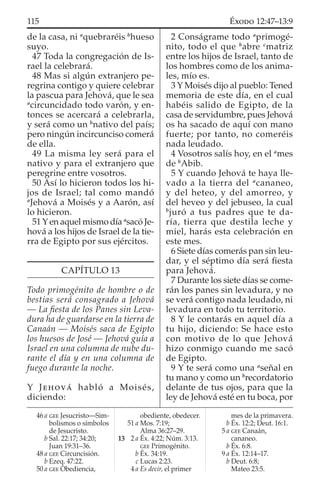 de la casa, ni a
quebraréis b
hueso
suyo.
47 Toda la congregación de Is-
rael la celebrará.
48 Mas si algún extranjero pe-
regrina contigo y quiere celebrar
la pascua para Jehová, que le sea
a
circuncidado todo varón, y en-
tonces se acercará a celebrarla,
y será como un b
nativo del país;
pero ningún incircunciso comerá
de ella.
49 La misma ley será para el
nativo y para el extranjero que
peregrine entre vosotros.
50 Así lo hicieron todos los hi-
jos de Israel; tal como mandó
a
Jehová a Moisés y a Aarón, así
lo hicieron.
51Yen aquel mismo día a
sacó Je-
hová a los hijos de Israel de la tie-
rra de Egipto por sus ejércitos.
CAPÍTULO 13
Todo primogénito de hombre o de
bestias será consagrado a Jehová
— La ﬁesta de los Panes sin Leva-
dura ha de guardarse en la tierra de
Canaán — Moisés saca de Egipto
los huesos de José — Jehová guía a
Israel en una columna de nube du-
rante el día y en una columna de
fuego durante la noche.
Y JEHOVÁ habló a Moisés,
diciendo:
2 Conságrame todo a
primogé-
nito, todo el que b
abre c
matriz
entre los hijos de Israel, tanto de
los hombres como de los anima-
les, mío es.
3 Y Moisés dijo al pueblo: Tened
memoria de este día, en el cual
habéis salido de Egipto, de la
casa de servidumbre, pues Jehová
os ha sacado de aquí con mano
fuerte; por tanto, no comeréis
nada leudado.
4 Vosotros salís hoy, en el a
mes
de b
Abib.
5 Y cuando Jehová te haya lle-
vado a la tierra del a
cananeo,
y del heteo, y del amorreo, y
del heveo y del jebuseo, la cual
b
juró a tus padres que te da-
ría, tierra que destila leche y
miel, harás esta celebración en
este mes.
6 Siete días comerás pan sin leu-
dar, y el séptimo día será ﬁesta
para Jehová.
7 Durante los siete días se come-
rán los panes sin levadura, y no
se verá contigo nada leudado, ni
levadura en todo tu territorio.
8 Y le contarás en aquel día a
tu hijo, diciendo: Se hace esto
con motivo de lo que Jehová
hizo conmigo cuando me sacó
de Egipto.
9 Y te será como una a
señal en
tu mano y como un b
recordatorio
delante de tus ojos, para que la
ley de Jehová esté en tu boca, por
46 a GEE Jesucristo—Sim-
bolismos o símbolos
de Jesucristo.
b Sal. 22:17; 34:20;
Juan 19:31–36.
48 a GEE Circuncisión.
b Ezeq. 47:22.
50 a GEE Obediencia,
obediente, obedecer.
51 a Mos. 7:19;
Alma 36:27–29.
13 2 a Éx. 4:22; Núm. 3:13.
GEE Primogénito.
b Éx. 34:19.
c Lucas 2:23.
4 a Es decir, el primer
mes de la primavera.
b Éx. 12:2; Deut. 16:1.
5 a GEE Canaán,
cananeo.
b Éx. 6:8.
9 a Éx. 12:14–17.
b Deut. 6:8;
Mateo 23:5.
115 ÉXODO 12:47–13:9
 