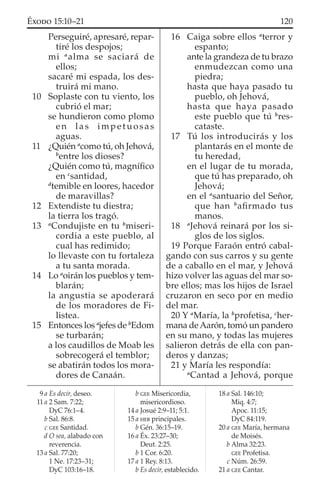 Perseguiré, apresaré, repar-
tiré los despojos;
mi a
alma se saciará de
ellos;
sacaré mi espada, los des-
truirá mi mano.
10 Soplaste con tu viento, los
cubrió el mar;
se hundieron como plomo
en las impetuosas
aguas.
11 ¿Quién a
como tú, oh Jehová,
b
entre los dioses?
¿Quién como tú, magníﬁco
en c
santidad,
d
temible en loores, hacedor
de maravillas?
12 Extendiste tu diestra;
la tierra los tragó.
13 a
Condujiste en tu b
miseri-
cordia a este pueblo, al
cual has redimido;
lo llevaste con tu fortaleza
a tu santa morada.
14 Lo a
oirán los pueblos y tem-
blarán;
la angustia se apoderará
de los moradores de Fi-
listea.
15 Entonces los a
jefes de b
Edom
se turbarán;
a los caudillos de Moab les
sobrecogerá el temblor;
se abatirán todos los mora-
dores de Canaán.
16 Caiga sobre ellos a
terror y
espanto;
ante la grandeza de tu brazo
enmudezcan como una
piedra;
hasta que haya pasado tu
pueblo, oh Jehová,
hasta que haya pasado
este pueblo que tú b
res-
cataste.
17 Tú los introducirás y los
plantarás en el monte de
tu heredad,
en el lugar de tu morada,
que tú has preparado, oh
Jehová;
en el a
santuario del Señor,
que han b
aﬁrmado tus
manos.
18 a
Jehová reinará por los si-
glos de los siglos.
19 Porque Faraón entró cabal-
gando con sus carros y su gente
de a caballo en el mar, y Jehová
hizo volver las aguas del mar so-
bre ellos; mas los hijos de Israel
cruzaron en seco por en medio
del mar.
20 Y a
María, la b
profetisa, c
her-
mana deAarón, tomó un pandero
en su mano, y todas las mujeres
salieron detrás de ella con pan-
deros y danzas;
21 y María les respondía:
a
Cantad a Jehová, porque
9 a Es decir, deseo.
11 a 2 Sam. 7:22;
DyC 76:1–4.
b Sal. 86:8.
c GEE Santidad.
d O sea, alabado con
reverencia.
13 a Sal. 77:20;
1 Ne. 17:23–31;
DyC 103:16–18.
b GEE Misericordia,
misericordioso.
14 a Josué 2:9–11; 5:1.
15 a HEB principales.
b Gén. 36:15–19.
16 a Éx. 23:27–30;
Deut. 2:25.
b 1 Cor. 6:20.
17 a 1 Rey. 8:13.
b Es decir, establecido.
18 a Sal. 146:10;
Miq. 4:7;
Apoc. 11:15;
DyC 84:119.
20 a GEE María, hermana
de Moisés.
b Alma 32:23.
GEE Profetisa.
c Núm. 26:59.
21 a GEE Cantar.
120ÉXODO 15:10–21
 