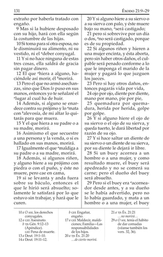 extraño por haberla tratado con
engaño.
9 Mas si la hubiere desposado
con su hijo, hará con ella según
la costumbre de las hijas.
10 Si toma para sí otra esposa, no
le disminuirá su alimento, ni su
vestido, ni el a
deber conyugal.
11 Y si no hace ninguna de estas
tres cosas, ella saldrá de gracia
sin pagar dinero.
12 El que a
hiera a alguno, ha-
ciéndole así morir, él b
morirá.
13 Pero el que no armó asechan-
zas, sino que Dios lo puso en sus
manos, entonces yo te señalaré el
a
lugar al cual ha de huir.
14 Además, si alguno se enar-
dece contra su prójimo y lo a
mata
con b
alevosía, de mi altar lo qui-
tarás para que muera.
15 Y el que hiera a su padre o a
su madre, morirá.
16 Asimismo el que secuestre
a una persona y la venda, o si es
hallado en sus manos, morirá.
17 Igualmente el que a
maldiga a
su padre o a su madre, morirá.
18 Además, si algunos riñen,
y alguno hiere a su prójimo con
piedra o con el puño, y éste no
muere, pero cae en cama,
19 si se levanta y anda fuera
sobre su báculo, entonces el
que le hirió será absuelto; so-
lamente le satisfará por lo que
estuvo sin trabajar, y hará que le
curen.
20 Y si alguno hiere a su siervo o
a su sierva con palo, y éste muere
bajo su mano, a
será castigado;
21 pero si sobrevive por un día
o dos, a
no será castigado, porque
es de su propiedad.
22 Si algunos riñen y hieren a
una mujer encinta, y ésta aborta,
pero sin haber otros daños, el cul-
pable será penado conforme a lo
que le imponga el marido de la
mujer y pagará lo que juzguen
los jueces.
23 Pero si hay otros daños, en-
tonces pagarás vida por vida,
24 ojo por ojo, diente por diente,
mano por mano, pie por pie,
25 quemadura por quema-
dura, herida por herida, golpe
por golpe.
26 Y si alguno hiere el ojo de
su siervo o el ojo de su sierva, y
queda tuerto, le dará libertad por
razón de su ojo.
27 Y si hace saltar un diente de
su siervo o un diente de su sierva,
por su diente le dejará ir libre.
28 Si un buey acornea a un
hombre o a una mujer, y como
resultado muere, el buey será
apedreado y no se comerá su
carne; pero el dueño del buey
será absuelto.
29 Pero si el buey era a
acornea-
dor desde antes, y a su dueño
se le había advertido, pero no
lo había guardado, y mata a un
hombre o a una mujer, el buey
10 a O sea, los derechos
conyugales.
12 a GEE Asesinato.
b TJS Gén. 9:12–13
(Apéndice).
GEE Pena de muerte.
13 a Deut. 19:1–10.
14 a Deut. 19:11–12.
b GEE Engañar,
engaño.
17 a GEE Maldecir, maldi-
ciones; Familia—Las
responsabilidades
de los hijos.
20 a TJS Éx. 21:20
…de cierto morirá.
21 a TJS Éx. 21:21
…no morirá…
29 a O sea, tenía el hábito
de dar cornadas
(véanse también los
vers. 32, 36).
131 ÉXODO 21:9–29
 
