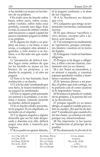 si ha metido su mano en los bie-
nes de su prójimo.
9 En todo caso de fraude sobre
buey, sobre asno, sobre oveja,
sobre vestido, sobre toda cosa
perdida, cuando uno diga: Esto
es mío, la causa de ambos vendrá
ante los jueces; y aquel a quien los
jueces condenen pagará el doble
a su prójimo.
10 Si alguno ha dado a su pró-
jimo un asno, o un buey, o una
oveja, o cualquier otro animal a
guardar, y éste muere o se las-
tima, o es llevado sin que nadie
lo vea,
11 a
juramento de Jehová ten-
drá lugar entre ambos de que
no ha metido su mano en los
bienes de su prójimo; y su
dueño lo aceptará, y el otro no
pagará.
12 Pero si le fue hurtado, hará
restitución a su dueño.
13 Y si le ha sido a
arrebatado por
una ﬁera, le traerá testimonio y
no pagará lo arrebatado.
14 Pero si alguno pide prestado
un animal a su prójimo, y se las-
tima o muere, estando ausente
su dueño, deberá pagarlo.
15 Si el dueño estaba presente,
no lo pagará. Si era alquilado, va
incluido en el alquiler.
16 Y si alguno engaña a alguna
doncella que no ha sido despo-
sada y duerme con ella, deberá
pagar una dote y tomarla por
a
esposa.
17 Si su padre no quiere dársela,
él le pagará conforme a la dote
de las vírgenes.
18 A la a
hechicera no dejarás
que viva.
19 Cualquiera que tenga ayun-
tamiento con bestia, ciertamente
morirá.
20 El que ofrezca a
sacriﬁcio a
otros dioses, excepto sólo a Je-
hová, será muerto.
21 Y al extranjero no maltratarás
ni a
oprimirás, porque extranje-
ros fuisteis vosotros en la tierra
de Egipto.
22Aninguna a
viuda ni huérfano
aﬂigiréis.
23 Porque si tú llegas a aﬂigir-
los, y ellos a mí me claman, cier-
tamente oiré yo su clamor;
24 y mi a
furor se encenderá, y
os mataré a espada, y vuestras
esposas quedarán viudas, y huér-
fanos vuestros hijos.
25 Si a
prestas dinero a mi pue-
blo, al pobre que está contigo, no
te portarás con él como usurero
ni le impondrás b
usura.
26 Si tomas en prenda el vestido
de tu prójimo, a la puesta del sol
se lo devolverás,
27 porque aquello es su único
abrigo, es aquél el vestido para cu-
brir su cuerpo. ¿En qué ha de dor-
mir? Y acontecerá que cuando él a
mí me clame, yo entonces le oiré,
porque soy misericordioso.
28 No injuriarás a
a los jueces
ni b
maldecirás al príncipe de tu
pueblo.
29 No demorarás la ofrenda de la
11 a 1 Ne. 4:35–37.
13 a Gén. 31:39.
16 a Deut. 22:28–29.
18 a TJS Éx. 22:18
…homicida…
20 a Núm. 25:2–6.
21 a GEE Amor.
22 a GEE Viuda.
24 a 3 Ne. 24:5.
25 a GEE Deuda.
b O sea, interés
excesivo.
28 a TJS Éx. 22:28
…a Dios…
b 2 Sam. 19:21–22.
133 ÉXODO 22:9–29
 