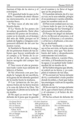 fuerzas el hijo de tu sierva y el
extranjero.
13 Y guardad todo lo que os he
dicho. Y nombre de otros a
dioses
no mencionaréis, ni se oirá de
vuestra boca.
14 a
Tres veces al año me cele-
braréis ﬁesta.
15 La a
ﬁesta de los panes sin
levadura guardarás. Siete días
comerás los panes sin levadura,
como yo te mandé, en el tiempo
del mes de Abib, porque en él
saliste de Egipto; y ninguno com-
parecerá delante de mí con las
manos vacías.
16 También la a
ﬁesta de la siega,
de los primeros frutos de tus la-
bores que hayas sembrado en
el campo; y la b
ﬁesta de la co-
secha al ﬁn del año, cuando
hayas recogido del campo c
tus
labores.
17 Tres veces al año se presen-
tará todo varón tuyo delante de
Jehová, el Señor.
18 No ofrecerás con pan leu-
dado la a
sangre de mi sacriﬁcio,
ni la grasa de mi ofrenda quedará
de la noche hasta la mañana.
19 Las a
primicias de los pri-
meros frutos de tu tierra traerás
a la casa de Jehová tu Dios. No
b
guisarás el cabrito en la leche de
su madre.
20 He aquí yo envío un a
ángel
delante de ti para que te guarde
en el camino y te lleve al lugar
que yo he preparado.
21 Guárdate delante de él y oye
su voz; no le seas rebelde, porque
él no perdonará vuestra rebelión,
pues mi nombre está en él.
22 Pero si en verdad oyes su voz,
y haces todo lo que yo te diga,
seré enemigo de tus a
enemigos y
adversario de tus adversarios.
23 Porque mi ángel irá delante
de ti y te llevará al amorreo, y al
heteo, y al ferezeo, y al cananeo,
y al heveo y al jebuseo, a los cua-
les yo destruiré.
24 No te a
inclinarás a sus dio-
ses ni los servirás, ni harás como
ellos hacen; sino que b
los derri-
barás del todo y despedazarás
enteramente sus estatuas.
25 Mas a Jehová, vuestro Dios,
serviréis, y él bendecirá tu pan y
tu agua; y yo quitaré toda a
enfer-
medad de en medio de ti.
26 No habrá ninguna que aborte,
ni estéril en tu tierra; y yo cum-
pliré el número de tus días.
27 Yo enviaré mi a
terror delante
de ti y confundiré a todo pueblo
donde tú entres, y haré que todos
tus enemigos vuelvan la espalda
delante de ti.
28 Yo enviaré la a
avispa delante
de ti, que echará fuera al heveo,
y al cananeo y al heteo de de-
lante de ti.
29 No los echaré de delante de
13 a Josué 23:6–8.
14 a Deut. 16:16.
15 a GEE Pascua.
16 a GEE Pentecostés.
b Deut. 16:13.
c Es decir, los frutos de.
18 a GEE Sangre.
19 a Lev. 2:12.
GEE Primicias.
b Es decir, Israel no
debe practicar esa
clase de cultos de la
fertilidad.
20 a Josué 5:13–15;
Isa. 63:9.
GEE Ángeles.
22 a DyC 8:3–4.
24 a Éx. 20:5.
GEE Idolatría.
b Núm. 33:51–53.
25 a GEE Enfermedad,
enfermo.
27 a Éx. 15:16;
Josué 2:9–11;
Moisés 7:17.
28 a Josué 24:12.
135 ÉXODO 23:13–29
 