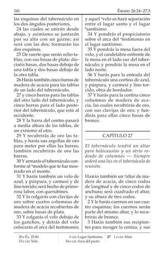 las esquinas del tabernáculo en
los dos ángulos posteriores,
24 las cuales se unirán desde
abajo, y asimismo se juntarán
por su alto con un gozne; así
será con las dos; formarán las
dos esquinas.
25 De suerte que serán ocho ta-
blas, con sus basas de plata: die-
ciséis basas, dos basas debajo de
una tabla y dos basas debajo de
la otra tabla.
26 Harás también cinco barras de
madera de acacia para las tablas
de un lado del tabernáculo,
27 y cinco barras para las tablas
del otro lado del tabernáculo, y
cinco barras para el lado poste-
rior del tabernáculo, que está al
occidente.
28 Y la barra del centro pasará
a media altura de las tablas, de
un extremo al otro.
29 Y recubrirás de oro las ta-
blas, y harás sus argollas de oro
para meter por ellas las barras;
también recubrirás de oro las
barras.
30 Y armarás el tabernáculo con-
forme al a
modelo que te fue mos-
trado en el monte.
31 Y harás también un velo de
azul, y púrpura, y carmesí y de
lino torcido; será hecho de primo-
rosa labor, con querubines.
32 Y lo colgarás con clavijas de
oro sobre cuatro columnas de
madera de acacia recubiertas de
oro, sobre basas de plata.
33 Y colgarás el velo debajo de
los ganchos, y detrás del velo
colocarás el arca del testimonio;
y aquel a
velo os hará separación
entre el lugar santo y el lugar
b
santísimo.
34 Y pondrás el propiciatorio
sobre el arca del a
testimonio en
el lugar santísimo.
35 Y pondrás la mesa fuera del
velo, y el candelabro enfrente de
la mesa en el lado sur del taber-
náculo; y pondrás la mesa en el
lado norte.
36 Y harás para la entrada del
tabernáculo una cortina de azul,
y púrpura, y carmesí y lino tor-
cido, obra de bordador.
37 Y harás para la cortina cinco
columnas de madera de aca-
cia, las cuales recubrirás de oro,
con sus clavijas de oro; y fun-
dirás para ellas cinco basas de
bronce.
CAPÍTULO 27
El tabernáculo tendrá un altar
para holocaustos y un atrio ro-
deado de columnas — Siempre
arderá una luz en el tabernáculo de
reunión.
HARÁS también un a
altar de ma-
dera de acacia, de cinco codos
de longitud y de cinco codos de
anchura; será cuadrado el altar,
y su altura de tres codos.
2 Y le harás cuernos en sus cua-
tro esquinas; los cuernos serán
parte del mismo altar, y lo recu-
brirás de bronce.
3 Harás también sus recipien-
tes para recoger la ceniza, y sus
30 a Éx. 25:40.
33 a GEE Velo.
b GEE Lugar Santísimo.
34 a GEE Arca del pacto.
27 1 a GEE Altar.
141 ÉXODO 26:24–27:3
 