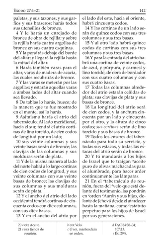 paletas, y sus tazones, y sus gar-
ﬁos y sus braseros; harás todos
sus utensilios de bronce.
4 Y le harás un enrejado de
bronce de obra de rejilla; y sobre
la rejilla harás cuatro argollas de
bronce en sus cuatro esquinas.
5 Y la pondrás debajo del borde
del altar; y llegará la rejilla hasta
la mitad del altar.
6 Harás también varas para el
altar, varas de madera de acacia,
las cuales recubrirás de bronce.
7 Y las varas se meterán por las
argollas; y estarán aquellas varas
a ambos lados del altar cuando
sea llevado.
8 De tablas lo harás, hueco; de
la manera que te fue mostrado
en el monte, así lo harás.
9 Asimismo harás el atrio del
tabernáculo. Al lado meridional,
hacia el sur, tendrá el atrio corti-
nas de lino torcido, de cien codos
de longitud por un lado;
10 sus veinte columnas y sus
veinte basas serán de bronce; las
clavijas de las columnas y sus
molduras serán de plata.
11 Y de la misma manera al lado
del norte habrá a lo largo cortinas
de cien codos de longitud, y sus
veinte columnas con sus veinte
basas de bronce; las clavijas de
sus columnas y sus molduras
serán de plata.
12 Y el ancho del atrio del lado
occidental tendrá cortinas de cin-
cuenta codos con diez columnas,
con sus diez basas.
13 Y en el ancho del atrio por
el lado del este, hacia el oriente,
habrá cincuenta codos.
14 Y las cortinas de un lado se-
rán de quince codos con sus tres
columnas y sus tres basas.
15 Y al otro lado habrá quince
codos de cortinas con sus tres
columnas y sus tres basas.
16 Y para la entrada del atrio ha-
brá una cortina de veinte codos,
de azul, y púrpura, y carmesí y
lino torcido, de obra de bordador
con sus cuatro columnas y con
sus cuatro basas.
17 Todas las columnas alrede-
dor del atrio estarán ceñidas de
plata; sus clavijas de plata y sus
basas de bronce.
18 La longitud del atrio será
de cien codos, y la anchura cin-
cuenta por un lado y cincuenta
por el otro, y la altura de cinco
codos; sus cortinas serán de lino
torcido y sus basas de bronce.
19 Todos los enseres del taber-
náculo para todo su servicio, y
todas sus estacas, y todas las es-
tacas del atrio serán de bronce.
20 Y tú mandarás a los hijos
de Israel que te traigan a
aceite
puro de olivas machacadas para
el alumbrado, para hacer arder
continuamente las lámparas.
21 En el a
tabernáculo de reu-
nión, fuera del b
velo que está de-
lante del testimonio, las pondrán
en c
orden d
Aarón y sus hijos, de-
lante de Jehová desde el atardecer
hasta la mañana, como e
estatuto
perpetuo para los hijos de Israel
por sus generaciones.
20 a GEE Aceite.
21 a HEB tienda de
reunión.
b GEE Velo.
c O sea, mantendrán
en orden.
d DyC 84:30–34;
107:13.
e Éx. 29:9.
142ÉXODO 27:4–21
 