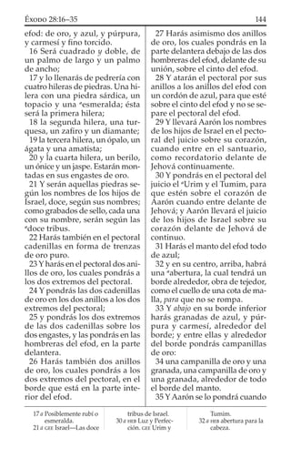 efod: de oro, y azul, y púrpura,
y carmesí y ﬁno torcido.
16 Será cuadrado y doble, de
un palmo de largo y un palmo
de ancho;
17 y lo llenarás de pedrería con
cuatro hileras de piedras. Una hi-
lera con una piedra sárdica, un
topacio y una a
esmeralda; ésta
será la primera hilera;
18 la segunda hilera, una tur-
quesa, un zaﬁro y un diamante;
19 la tercera hilera, un ópalo, un
ágata y una amatista;
20 y la cuarta hilera, un berilo,
un ónice y un jaspe. Estarán mon-
tadas en sus engastes de oro.
21 Y serán aquellas piedras se-
gún los nombres de los hijos de
Israel, doce, según sus nombres;
como grabados de sello, cada una
con su nombre, serán según las
a
doce tribus.
22 Harás también en el pectoral
cadenillas en forma de trenzas
de oro puro.
23 Y harás en el pectoral dos ani-
llos de oro, los cuales pondrás a
los dos extremos del pectoral.
24 Y pondrás las dos cadenillas
de oro en los dos anillos a los dos
extremos del pectoral;
25 y pondrás los dos extremos
de las dos cadenillas sobre los
dos engastes, y las pondrás en las
hombreras del efod, en la parte
delantera.
26 Harás también dos anillos
de oro, los cuales pondrás a los
dos extremos del pectoral, en el
borde que está en la parte inte-
rior del efod.
27 Harás asimismo dos anillos
de oro, los cuales pondrás en la
parte delantera debajo de las dos
hombreras del efod, delante de su
unión, sobre el cinto del efod.
28 Y atarán el pectoral por sus
anillos a los anillos del efod con
un cordón de azul, para que esté
sobre el cinto del efod y no se se-
pare el pectoral del efod.
29 Y llevará Aarón los nombres
de los hijos de Israel en el pecto-
ral del juicio sobre su corazón,
cuando entre en el santuario,
como recordatorio delante de
Jehová continuamente.
30 Y pondrás en el pectoral del
juicio el a
Urim y el Tumim, para
que estén sobre el corazón de
Aarón cuando entre delante de
Jehová; y Aarón llevará el juicio
de los hijos de Israel sobre su
corazón delante de Jehová de
continuo.
31 Harás el manto del efod todo
de azul;
32 y en su centro, arriba, habrá
una a
abertura, la cual tendrá un
borde alrededor, obra de tejedor,
como el cuello de una cota de ma-
lla, para que no se rompa.
33 Y abajo en su borde inferior
harás granadas de azul, y púr-
pura y carmesí, alrededor del
borde; y entre ellas y alrededor
del borde pondrás campanillas
de oro:
34 una campanilla de oro y una
granada, una campanilla de oro y
una granada, alrededor de todo
el borde del manto.
35 YAarón se lo pondrá cuando
17 a Posiblemente rubí o
esmeralda.
21 a GEE Israel—Las doce
tribus de Israel.
30 a HEB Luz y Perfec-
ción. GEE Urim y
Tumim.
32 a HEB abertura para la
cabeza.
144ÉXODO 28:16–35
 