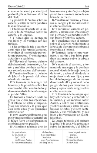 el manto del efod, y el efod y el
pectoral, y le ceñirás con el cinto
del efod;
6 y pondrás la a
mitra sobre su
cabeza, y sobre la mitra pondrás
la diadema santa.
7 Y tomarás el a
aceite de la un-
ción y lo derramarás sobre su
cabeza, y le ungirás.
8 Y harás que se acerquen
sus hijos y les vestirás con las
túnicas.
9 Y les ceñirás la faja a Aarón y
a sus hijos y les a
atarás las tiaras,
y tendrán el b
sacerdocio por es-
tatuto perpetuo. Y c
consagrarás
a Aarón y a sus hijos.
10 Y llevarás el a
becerro delante
del tabernáculo de reunión, y Aa-
rón y sus hijos pondrán sus b
ma-
nos sobre la cabeza del becerro.
11 Y matarás el becerro delante
de Jehová a la puerta del taber-
náculo de reunión.
12 Y tomarás de la sangre del
becerro y la pondrás sobre los
cuernos del altar con tu dedo, y
derramarás toda la demás sangre
al pie del a
altar.
13 Tomarás también toda la
grasa que cubre los intestinos,
y el lóbulo de sobre el hígado,
y los dos riñones y la grasa que
está sobre ellos, y los quemarás
sobre el altar.
14 Pero la carne del becerro, y su
piel y su estiércol los quemarás en
el fuego fuera del campamento;
es ofrenda por el pecado.
15 Asimismo tomarás uno de
los carneros, y Aarón y sus hijos
pondrán sus manos sobre la ca-
beza del carnero.
16 Y matarás el carnero, y toma-
rás su sangre y la rociarás sobre
el altar alrededor.
17 Y cortarás el carnero en pe-
dazos, y lavarás sus intestinos y
sus piernas, y las pondrás sobre
sus trozos y sobre su cabeza.
18 Y quemarás todo el carnero
sobre el altar; es a
holocausto a
Jehová de olor grato; es ofrenda
encendida a Jehová.
19 Tomarás luego el otro a
car-
nero, y Aarón y sus hijos pon-
drán sus manos sobre la cabeza
del carnero.
20 Y matarás el carnero, y to-
marás de su sangre y la pondrás
sobre el lóbulo de la oreja derecha
de Aarón, y sobre el lóbulo de la
oreja derecha de sus hijos, y so-
bre el dedo pulgar de las manos
derechas de ellos y sobre el dedo
pulgar de los pies derechos de
ellos, y esparcirás la sangre sobre
el altar alrededor.
21 Y tomarás de la sangre que
hay sobre el altar, y del aceite de
la unción, y los rociarás sobre
Aarón, y sobre sus vestiduras,
y sobre sus hijos y sobre las ves-
tiduras de éstos; y él será santi-
ﬁcado, y sus vestiduras, y sus
hijos y las vestiduras de sus hi-
jos con él.
22 Luego tomarás del carnero
la grasa, y la cola, y la grasa que
cubre los intestinos, y el lóbulo
6 a HEB turbante.
7 a Éx. 40:12–15;
DyC 124:39.
GEE Unción; Aceite.
9 a HEB atarás el tocado
de la cabeza.
b GEE Sacerdocio
Aarónico.
c GEE Apartamiento.
10 a Ezeq. 43:19.
b GEE Imposición de
manos.
12 a Lev. 8:15.
18 a GEE Sacriﬁcios.
19 a Lev. 8:22.
146ÉXODO 29:6–22
 