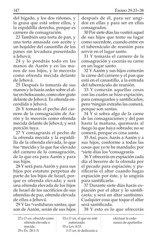 del hígado, y los dos riñones, y
la grasa que está sobre ellos, y
la espaldilla derecha, porque es
carnero de consagración.
23 También una torta de pan, y
una torta amasada con aceite y
un hojaldre del canastillo de los
panes sin levadura presentado
a Jehová;
24 y lo pondrás todo en las
manos de Aarón y en las ma-
nos de sus hijos, y lo mecerás
como ofrenda mecida delante
de Jehová.
25 Después lo tomarás de sus
manos y lo harás arder sobre el al-
tar en holocausto, como olor grato
delante de Jehová. Es ofrenda en-
cendida a Jehová.
26 Y tomarás el pecho del car-
nero de la consagración de Aa-
rón y lo mecerás como ofrenda
mecida delante de Jehová; y será
porción tuya.
27 Y consagrarás el pecho de
la ofrenda mecida y la espaldi-
lla de la ofrenda elevada, lo que
fue a
mecido y lo que fue elevado
del carnero de la consagración,
de lo que era para Aarón y para
sus hijos.
28 Y será para Aarón y para sus
hijos por estatuto perpetuo de
parte de los hijos de Israel, por-
que es ofrenda elevada; y será
una ofrenda elevada de los hijos
de Israel de los sacriﬁcios de sus
ofrendas de paz, ofrenda elevada
de ellos a Jehová.
29 Y las a
vestiduras santas, que
son de Aarón, serán de sus hijos
después de él, para ser ungi-
dos en ellas y para ser en ellas
consagrados.
30 Por siete días las vestirá aquel
de sus hijos que tome su lugar
como sacerdote, cuando entre en
el tabernáculo de reunión para
servir en el lugar santo.
31 Y tomarás el carnero de la
consagración y cocerás su carne
en un lugar santo.
32 Y Aarón y sus hijos comerán
la carne del carnero y el pan que
está en el canastillo, a la entrada
del tabernáculo de reunión.
33 Y comerán aquellas cosas
con las cuales se hizo expiación,
para consagrarlos y santiﬁcarlos;
pero a
ningún extraño las comerá,
porque son santas.
34 Y si sobra algo de la carne
de las consagraciones y del pan
hasta la mañana, quemarás al
fuego lo que haya sobrado; no se
comerá, porque es cosa santa.
35 Así, pues, harás a Aarón y a
sus hijos, conforme a todas las
cosas que yo te he mandado; por
a
siete días los b
consagrarás.
36 Y ofrecerás en expiación cada
día el becerro de la ofrenda por
el pecado para expiación; y pu-
riﬁcarás el altar cuando hagas
expiación por éste, y lo ungirás
para santiﬁcarlo.
37 Durante siete días harás ex-
piación por el altar y lo santiﬁ-
carás; y será un altar santísimo.
Cualquier cosa que toque el altar
será santiﬁcada.
38 Y esto es lo que ofrecerás
27 a O sea, ofrecido como
ofrenda elevada o
mecida.
29 a Éx. 28:1–5.
33 a O sea, el que no esté
autorizado.
35 a Lev. 8:33.
b O sea, te dedicarás a
efectuar la orde-
nanza de apartarlos.
147 ÉXODO 29:23–38
 