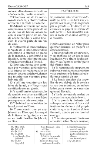 sobre el altar: dos corderos de un
año a
cada día, continuamente.
39 Ofrecerás uno de los corde-
ros a la mañana, y el otro cordero
ofrecerás a la caída de la tarde.
40 Además ofrecerás con cada
cordero una décima parte de un
efa de ﬂor de harina amasada
con la cuarta parte de un hin
de aceite batido, y como liba-
ción, la cuarta parte de un hin
de vino.
41 Y ofrecerás el otro cordero a
la a
caída de la tarde, haciéndolo
conforme a la ofrenda de grano
de la mañana, y conforme a su
libación, como olor grato; será
ofrenda encendida a Jehová.
42 Esto será holocausto conti-
nuo por vuestras generaciones
a la puerta del a
tabernáculo de
reunión delante de Jehová, donde
me reuniré con vosotros para
hablarte allí.
43 Y allí me a
reuniré con los
hijos de Israel, y el b
lugar será
santiﬁcado con mi gloria.
44 Y santiﬁcaré el tabernáculo
de reunión y el altar; santiﬁcaré
asimismo a Aarón y a sus hijos
para que sean mis sacerdotes.
45 Y a
habitaré entre los hijos de
Israel, y seré su b
Dios.
46 Y conocerán que yo soy
Jehová, su Dios, que los saqué
de la tierra de Egipto para mo-
rar en medio de ellos. Yo, Jehová,
su Dios.
CAPÍTULO 30
Se pondrá un altar de incienso de-
lante del velo — Se hará una ex-
piación con la sangre de la ofrenda
por el pecado — El dinero de la
expiación se pagará en rescate de
todo varón — Los sacerdotes usa-
rán el aceite de la santa unción y
el incienso.
HARÁS asimismo un a
altar para
quemar incienso; de madera de
acacia lo harás.
2 Su longitud será de un a
codo,
y su anchura de un codo; será
cuadrado, y su altura de dos co-
dos; y sus cuernos serán b
parte
del mismo altar.
3 Y lo recubrirás de oro puro, su
cubierta, y sus paredes alrededor
y sus cuernos; y le harás alrede-
dor una cornisa de oro.
4 Le harás también dos argo-
llas de oro debajo de la cornisa
a
a sus dos esquinas, en ambos
lados, para meter las varas con
que será llevado.
5 Y harás las varas de madera de
acacia y las recubrirás de oro.
6 Y lo pondrás delante del
velo que está junto al a
arca del
testimonio, delante del propi-
ciatorio que está sobre el tes-
timonio, donde yo me reuniré
contigo.
7 Y Aarón quemará a
incienso
aromático sobre él cada mañana;
38 a Mos. 13:30.
41 a Sal. 141:2.
42 a Éx. 33:7.
43 a Éx. 25:22.
b GEE Templo, Casa
del Señor.
45 a Éx. 6:7;
Hageo 2:5.
b GEE Trinidad—Dios
el Hijo.
30 1 a GEE Altar.
2 a GEE Codo.
b Es decir, de una sola
pieza con el altar.
4 a HEB en dos de sus
molduras de sostén.
6 a También conocida
como el arca del
convenio, el arca del
pacto o el arca de la
alianza.
GEE Arca del pacto.
7 a 2 Cró. 26:18.
148ÉXODO 29:39–30:7
 