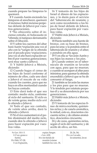 cuando prepare las lámparas lo
quemará.
8 Y cuando Aarón encienda las
lámparas al anochecer, quemará
el incienso; habrá incienso perpe-
tuo delante de Jehová por vues-
tras generaciones.
9 a
No ofreceréis sobre él in-
cienso extraño, ni holocausto ni
b
ofrenda; ni tampoco derramaréis
sobre él libación.
10 Y sobre los cuernos del altar
hará Aarón a
expiación una vez al
año con la b
sangre de la ofrenda
por el pecado para c
expiaciones;
una vez al año hará expiación so-
bre él por vuestras generaciones;
será muy santo a Jehová.
11 Y habló Jehová a Moisés,
diciendo:
12 Cuando hagas el censo de
los hijos de Israel conforme al
número de ellos, cada uno dará
a Jehová el rescate de su vida
cuando los cuentes, para que no
haya en ellos mortandad cuando
los hayas contado.
13 Esto dará todo el que sea
contado: medio siclo, conforme
al siclo del santuario. El siclo es
de veinte geras; medio siclo será
la ofrenda a Jehová.
14 Todo el que sea contado,
de veinte años arriba, dará la
ofrenda a Jehová.
15 Ni el rico aumentará ni el po-
bre disminuirá del medio siclo,
cuando den la ofrenda a Jehová
para hacer expiación por vues-
tras vidas.
16 Y tomarás de los hijos de
Israel el dinero de las expiacio-
nes, y lo darás para el servicio
del a
tabernáculo de reunión; y
será como recordatorio a los hi-
jos de Israel delante de Jehová,
para hacer expiación por vues-
tras vidas.
17 Habló más Jehová a Moisés,
diciendo:
18 Harás también una fuente de
bronce, con su base de bronce,
para lavarse; y la pondrás entre el
tabernáculo de reunión y el altar;
y pondrás en ella agua.
19 Y en ella se a
lavarán Aarón y
sus hijos las manos y los pies.
20 Cuando entren en el taber-
náculo de reunión se lavarán
con agua, para que no mueran;
y cuando se acerquen al altar para
ministrar, para quemar la ofrenda
encendida a Jehová que se ha de
consumir al fuego,
21 también se lavarán las manos
y los pies para que no mueran.
Y lo tendrán por estatuto perpe-
tuo él y su descendencia por sus
generaciones.
22 Habló más Jehová a Moisés,
diciendo:
23 Y tomarás de las especias ﬁ-
nas: de mirra excelente, quinien-
tos siclos; y de canela aromática,
la mitad, esto es, doscientos cin-
cuenta siclos; y de cálamo aromá-
tico, doscientos cincuenta;
24 y de casia, quinientos siclos,
según el siclo del santuario; y de
aceite de oliva, un hin.
9 a Lev. 10:1–3.
b O sea, grano o
harina.
10 a Heb. 9:7–28.
b GEE Expiación,
expiar; Sangre.
c Lev. 4:20.
16 a HEB tienda de
reunión (véanse
también los vers. 18,
20, 26, 36).
19 a GEE Lavado,
lavamientos, lavar.
149 ÉXODO 30:8–24
 