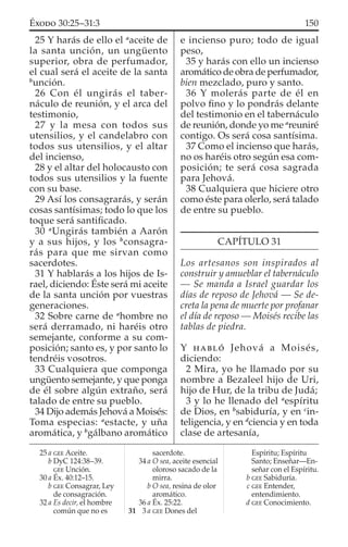 25 Y harás de ello el a
aceite de
la santa unción, un ungüento
superior, obra de perfumador,
el cual será el aceite de la santa
b
unción.
26 Con él ungirás el taber-
náculo de reunión, y el arca del
testimonio,
27 y la mesa con todos sus
utensilios, y el candelabro con
todos sus utensilios, y el altar
del incienso,
28 y el altar del holocausto con
todos sus utensilios y la fuente
con su base.
29 Así los consagrarás, y serán
cosas santísimas; todo lo que los
toque será santiﬁcado.
30 a
Ungirás también a Aarón
y a sus hijos, y los b
consagra-
rás para que me sirvan como
sacerdotes.
31 Y hablarás a los hijos de Is-
rael, diciendo: Éste será mi aceite
de la santa unción por vuestras
generaciones.
32 Sobre carne de a
hombre no
será derramado, ni haréis otro
semejante, conforme a su com-
posición; santo es, y por santo lo
tendréis vosotros.
33 Cualquiera que componga
ungüento semejante, y que ponga
de él sobre algún extraño, será
talado de entre su pueblo.
34 Dijo además Jehová a Moisés:
Toma especias: a
estacte, y uña
aromática, y b
gálbano aromático
e incienso puro; todo de igual
peso,
35 y harás con ello un incienso
aromático de obra de perfumador,
bien mezclado, puro y santo.
36 Y molerás parte de él en
polvo ﬁno y lo pondrás delante
del testimonio en el tabernáculo
de reunión, donde yo me a
reuniré
contigo. Os será cosa santísima.
37 Como el incienso que harás,
no os haréis otro según esa com-
posición; te será cosa sagrada
para Jehová.
38 Cualquiera que hiciere otro
como éste para olerlo, será talado
de entre su pueblo.
CAPÍTULO 31
Los artesanos son inspirados al
construir y amueblar el tabernáculo
— Se manda a Israel guardar los
días de reposo de Jehová — Se de-
creta la pena de muerte por profanar
el día de reposo — Moisés recibe las
tablas de piedra.
Y HABLÓ Jehová a Moisés,
diciendo:
2 Mira, yo he llamado por su
nombre a Bezaleel hijo de Uri,
hijo de Hur, de la tribu de Judá;
3 y lo he llenado del a
espíritu
de Dios, en b
sabiduría, y en c
in-
teligencia, y en d
ciencia y en toda
clase de artesanía,
25 a GEE Aceite.
b DyC 124:38–39.
GEE Unción.
30 a Éx. 40:12–15.
b GEE Consagrar, Ley
de consagración.
32 a Es decir, el hombre
común que no es
sacerdote.
34 a O sea, aceite esencial
oloroso sacado de la
mirra.
b O sea, resina de olor
aromático.
36 a Éx. 25:22.
31 3 a GEE Dones del
Espíritu; Espíritu
Santo; Enseñar—En-
señar con el Espíritu.
b GEE Sabiduría.
c GEE Entender,
entendimiento.
d GEE Conocimiento.
150ÉXODO 30:25–31:3
 