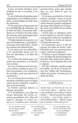 4 para inventar diseños, para
trabajar en oro, y en plata, y en
bronce,
5 y en el labrado de piedras para
engastarlas y en el tallado de ma-
dera, y para trabajar en toda clase
de artesanía.
6 Y he aquí que yo he puesto con
él a Aholiab hijo de Ahisamac, de
la tribu de Dan; y he puesto sabi-
duría en el ánimo de todo sabio
de corazón, para que hagan todo
lo que te he mandado:
7 el tabernáculo de reunión, y el
arca del testimonio, y el propicia-
torio que está sobre ella, y todos
los enseres del tabernáculo,
8 y la mesa con sus utensilios,
y el candelabro puro con to-
dos sus utensilios, y el altar del
incienso,
9 y el altar del holocausto con
todos sus utensilios, y la fuente
con su base,
10 y las vestiduras del servicio,
y las santas vestiduras para Aa-
rón el sacerdote, y las vestiduras
de sus hijos, para que ejerzan el
sacerdocio,
11 y el a
aceite de la unción y el
incienso aromático para el lugar
santo; harán conforme a todo lo
que te he mandado.
12 Habló además Jehová a
Moisés, diciendo:
13 Y tú hablarás a los hijos de
Israel, diciendo: De cierto vo-
sotros guardaréis mis a
días de
reposo, porque es señal en-
tre yo y vosotros por vuestras
generaciones, para que sepáis
que yo soy Jehová que os
santiﬁco.
14 Así que guardaréis el día de
reposo, porque a
santo es para
vosotros; el que lo profanare de
cierto b
morirá, porque cualquiera
que haga obra alguna en él, aque-
lla alma será talada de en medio
de su pueblo.
15 Seis días se trabajará, pero
el día séptimo es día de a
reposo
consagrado a Jehová; cualquiera
que b
trabaje en el día de reposo
ciertamente morirá.
16 Guardarán, pues, el día de
reposo los hijos de Israel, cele-
brándolo por sus generaciones
como a
convenio perpetuo.
17 Señal es para siempre entre
yo y los hijos de Israel; porque en
seis días a
hizo Jehová los cielos y
la tierra, y en el séptimo día cesó
y reposó.
18 Y dio a Moisés, cuando acabó
de hablar con él en el monte Si-
naí, dos a
tablas del b
testimonio,
tablas de piedra c
escritas por el
dedo de Dios.
CAPÍTULO 32
Aarón hace un becerro de oro, al
cual Israel adora — Moisés sirve
como mediador entre Dios y el Israel
rebelde — Moisés quiebra las tablas
de piedra — Los levitas matan a
unos 3.000 rebeldes — Moisés ruega
por el pueblo e intercede por él.
11 a GEE Unción; Aceite.
13 a GEE Día de reposo.
14 a Éx. 20:11.
GEE Santo (adjetivo).
b Núm. 15:32–36.
15 a GEE Descansar,
descanso (reposo).
b Mos. 13:18.
16 a GEE Convenio
(pacto).
17 a GEE Creación, crear.
18 a Éx. 24:12; Deut. 4:13.
GEE Ley de Moisés.
b GEE Testimonio.
c GEE Escrituras.
151 ÉXODO 31:4–18
 