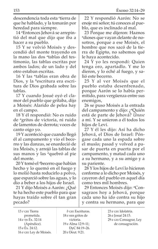descendencia toda esta e
tierra de
que he hablado, y la tomarán por
heredad para siempre.
14 a
Entonces Jehová se arrepin-
tió del mal que dijo que iba a
hacer a su pueblo.
15 Y se volvió Moisés y des-
cendió del monte trayendo en
la mano las dos a
tablas del tes-
timonio, las tablas escritas por
ambos lados; de un lado y del
otro estaban escritas.
16 Y las a
tablas eran obra de
Dios, y la b
escritura era escri-
tura de Dios grabada sobre las
tablas.
17 Y cuando Josué oyó el cla-
mor del pueblo que gritaba, dijo
a Moisés: Alarido de pelea hay
en el campo.
18 Y él respondió: No es ruido
de a
gritos de victoria, ni ruido
de lamentos de derrota; voces de
canto oigo yo.
19 Y aconteció que cuando llegó
él al campamento y vio el bece-
rro y las danzas, se enardeció de
ira Moisés, y arrojó las tablas de
sus manos y las a
quebró al pie
del monte.
20 Y tomó el a
becerro que habían
hecho y lo quemó en el fuego y
lo molió hasta reducirlo a polvo,
que esparció sobre las aguas, y lo
dio a beber a los hijos de Israel.
21 Y dijo Moisés a Aarón: ¿Qué
te ha hecho este pueblo para que
hayas traído sobre él tan gran
pecado?
22 Y respondió Aarón: No se
enoje mi señor; tú conoces al pue-
blo, que es inclinado al mal.
23 Porque me dijeron: Haznos
a
dioses que vayan delante de no-
sotros, porque a ese Moisés, el
hombre que nos sacó de la tie-
rra de Egipto, no sabemos qué
le haya acontecido.
24 Y yo les respondí: Quien
tenga oro, apartadlo. Y me lo
dieron, y lo eché al fuego, y sa-
lió este becerro.
25 Y al ver Moisés que el
pueblo estaba desenfrenado,
porque Aarón se lo había per-
mitido, para vergüenza entre sus
enemigos,
26 se puso Moisés a la entrada
del campamento y dijo: ¿a
Quién
está de parte de Jehová? Únase
a mí. Y se unieron a él todos los
hijos de Leví.
27 Y él les dijo: Así ha dicho
Jehová, el Dios de Israel: Pón-
gase cada uno la espada sobre
el muslo; pasad y volved a pa-
sar de puerta en puerta por el
campamento, y matad cada uno
a su hermano, y a su amigo y a
su pariente.
28 Y los hijos de Leví lo hicieron
conforme a lo dicho por Moisés, y
cayeron del pueblo en aquel día
como tres mil hombres.
29 Entonces Moisés dijo: a
Con-
sagraos hoy a Jehová, porque
cada uno ha ido contra su hijo
y contra su hermano, para que
13 e GEE Tierra
prometida.
14 a TJS Éx. 32:14
(Apéndice).
15 a Éx. 24:12.
16 a GEE Ley de Moisés.
b GEE Escrituras.
18 a HEB gritos de
victoria.
19 a Alma 12:9–11;
DyC 84:19–26.
20 a Deut. 9:21.
23 a GEE Idolatría.
26 a Josué 24:15.
29 a GEE Consagrar, Ley
de consagración.
153 ÉXODO 32:14–29
 