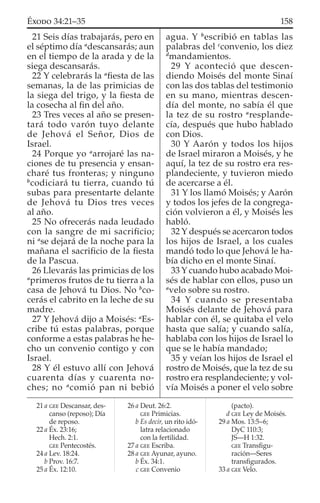 21 Seis días trabajarás, pero en
el séptimo día a
descansarás; aun
en el tiempo de la arada y de la
siega descansarás.
22 Y celebrarás la a
ﬁesta de las
semanas, la de las primicias de
la siega del trigo, y la ﬁesta de
la cosecha al ﬁn del año.
23 Tres veces al año se presen-
tará todo varón tuyo delante
de Jehová el Señor, Dios de
Israel.
24 Porque yo a
arrojaré las na-
ciones de tu presencia y ensan-
charé tus fronteras; y ninguno
b
codiciará tu tierra, cuando tú
subas para presentarte delante
de Jehová tu Dios tres veces
al año.
25 No ofrecerás nada leudado
con la sangre de mi sacriﬁcio;
ni a
se dejará de la noche para la
mañana el sacriﬁcio de la ﬁesta
de la Pascua.
26 Llevarás las primicias de los
a
primeros frutos de tu tierra a la
casa de Jehová tu Dios. No b
co-
cerás el cabrito en la leche de su
madre.
27 Y Jehová dijo a Moisés: a
Es-
cribe tú estas palabras, porque
conforme a estas palabras he he-
cho un convenio contigo y con
Israel.
28 Y él estuvo allí con Jehová
cuarenta días y cuarenta no-
ches; no a
comió pan ni bebió
agua. Y b
escribió en tablas las
palabras del c
convenio, los diez
d
mandamientos.
29 Y aconteció que descen-
diendo Moisés del monte Sinaí
con las dos tablas del testimonio
en su mano, mientras descen-
día del monte, no sabía él que
la tez de su rostro a
resplande-
cía, después que hubo hablado
con Dios.
30 Y Aarón y todos los hijos
de Israel miraron a Moisés, y he
aquí, la tez de su rostro era res-
plandeciente, y tuvieron miedo
de acercarse a él.
31 Y los llamó Moisés; y Aarón
y todos los jefes de la congrega-
ción volvieron a él, y Moisés les
habló.
32 Y después se acercaron todos
los hijos de Israel, a los cuales
mandó todo lo que Jehová le ha-
bía dicho en el monte Sinaí.
33 Y cuando hubo acabado Moi-
sés de hablar con ellos, puso un
a
velo sobre su rostro.
34 Y cuando se presentaba
Moisés delante de Jehová para
hablar con él, se quitaba el velo
hasta que salía; y cuando salía,
hablaba con los hijos de Israel lo
que se le había mandado;
35 y veían los hijos de Israel el
rostro de Moisés, que la tez de su
rostro era resplandeciente; y vol-
vía Moisés a poner el velo sobre
21 a GEE Descansar, des-
canso (reposo); Día
de reposo.
22 a Éx. 23:16;
Hech. 2:1.
GEE Pentecostés.
24 a Lev. 18:24.
b Prov. 16:7.
25 a Éx. 12:10.
26 a Deut. 26:2.
GEE Primicias.
b Es decir, un rito idó-
latra relacionado
con la fertilidad.
27 a GEE Escriba.
28 a GEE Ayunar, ayuno.
b Éx. 34:1.
c GEE Convenio
(pacto).
d GEE Ley de Moisés.
29 a Mos. 13:5–6;
DyC 110:3;
JS—H 1:32.
GEE Transﬁgu-
ración—Seres
transﬁgurados.
33 a GEE Velo.
158ÉXODO 34:21–35
 