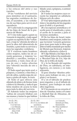 y las estacas del atrio y sus
cuerdas;
19 las a
vestiduras del servicio
para ministrar en el santuario,
las sagradas vestiduras de Aa-
rón, el sacerdote, y las vestidu-
ras de sus hijos para servir en el
sacerdocio.
20 Y salió toda la congregación
de los hijos de Israel de la pre-
sencia de Moisés.
21 Y vino todo aquel a quien su
a
corazón le impulsó, y todo aquel
a quien su espíritu le dio b
volun-
tad, y trajo la c
ofrenda de Jehová
para la obra del tabernáculo de
reunión, y para todo su servicio y
para las sagradas vestiduras.
22 Y vinieron tanto hombres
como mujeres, todos los de co-
razón generoso, y trajeron a
ca-
denillas y zarcillos, sortijas y
brazaletes, y toda clase de jo-
yas de oro; y todos ofrecían
una b
ofrenda mecida de oro a
Jehová.
23 Todo aquel que tenía azul, o
púrpura, o carmesí, o lino ﬁno, o
pelo de cabra, o pieles rojas de car-
nero o pieles de tejón, lo traía.
24 Todo el que ofrecía una
ofrenda de plata o de bronce traía
a Jehová la ofrenda; y todo el que
tenía madera de acacia la traía
para toda la obra del servicio.
25 Además todas las mujeres
a
sabias de corazón hilaban con
sus manos y traían lo que habían
hilado: azul, o púrpura, o carmesí
o lino ﬁno.
26 Y todas las mujeres cuyo co-
razón las impulsó en sabiduría
hilaron pelo de cabra.
27 Y los a
jefes trajeron piedras de
ónice y las piedras de los engastes
para el efod y el pectoral;
28 y las especias aromáticas y el
aceite para el alumbrado, y para
el aceite de la unción y para el
incienso aromático.
29 De los hijos de Israel, tanto
hombres como mujeres, todos los
que tuvieron a
corazón generoso
para traer para toda la obra que
Jehová había mandado por medio
de Moisés que hiciesen, trajeron
ofrenda voluntaria a Jehová.
30 Y dijo Moisés a los hijos de Is-
rael: Mirad, Jehová ha nombrado
a a
Bezaleel hijo de Uri, hijo de
Hur, de la tribu de Judá;
31 y lo ha llenado del espíritu
de Dios, en sabiduría, en inte-
ligencia, en ciencia y en toda
artesanía,
32 para diseñar a
diseños artís-
ticos, para trabajar en oro, y en
plata y en bronce,
33 y en el labrado de piedras
para engastar, y en el tallado de
madera, para trabajar en toda
obra ingeniosa.
34 Y ha puesto en su corazón el
don de a
enseñar, tanto a él como
a Aholiab hijo de Ahisamac, de
la tribu de Dan,
19 a Éx. 39:1.
21 a Éx. 36:2.
b GEE Servicio.
c GEE Ofrenda.
22 a Núm. 31:50;
Alma 31:28.
b Éx. 38:24.
25 a Éx. 28:3.
27 a O sea, los líderes del
sacerdocio.
29 a O sea, la buena
voluntad.
GEE Ofrenda.
30 a Éx. 31:2–6.
GEE Llamado,
llamado por Dios,
llamamiento.
32 a Véase también el
vers. 35.
34 a Moro. 10:9–10;
DyC 42:14.
160ÉXODO 35:19–34
 