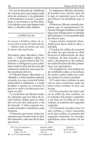 35 y los ha llenado de a
sabiduría
de corazón para que hagan toda
obra de artesano, y de grabador
y de bordador en azul, y en púr-
pura, y en carmesí y en lino ﬁno,
y de tejedor, para que hagan toda
labor y diseñen todo diseño.
CAPÍTULO 36
Se escoge a hombres sabios de co-
razón para la obra del tabernáculo
— Moisés pide al pueblo que deje
de donar más materiales.
HICIERON, pues, Bezaleel y Aho-
liab, y a
todo hombre sabio de
corazón a quien Jehová dio b
sa-
biduría e inteligencia para saber
hacer toda la obra del servicio del
santuario, todas las cosas que ha-
bía mandado Jehová.
2 Y Moisés llamó a Bezaleel, y a
Aholiab y a todo hombre sabio de
corazón, en cuyo corazón había
dado Jehová sabiduría, y a todo
hombre a quien su corazón le
movió a venir a la obra para tra-
bajar en ella;
3 y recibieron de Moisés todas
las ofrendas que los hijos de Is-
rael habían traído para la obra
del servicio del santuario, a ﬁn
de hacerla. Y ellos seguían tra-
yendo ofrendas voluntarias cada
mañana.
4 Vinieron, por tanto, todos los
maestros que hacían toda la obra
del santuario, cada uno de la obra
que hacía,
5 y hablaron a Moisés, diciendo:
El pueblo trae mucho más de
lo que es menester para la obra
que Jehová ha mandado que se
haga.
6 Entonces Moisés mandó pre-
gonar por el campamento, di-
ciendo: Ningún hombre ni mujer
haga más trabajo para la ofrenda
del santuario. Y así el pueblo dejó
de ofrecer más;
7 pues tenían material abun-
dante para hacer toda la obra, y
sobraba.
8 Y todos los sabios de corazón
de entre los que hacían la obra
hicieron el tabernáculo de diez
a
cortinas, de ﬁno torcido, y de
azul, y de púrpura y de carmesí,
las cuales hicieron de obra primo-
rosa, con querubines.
9 La longitud de a
una cortina era
de veintiocho codos, y la anchura
de cuatro codos; todas las corti-
nas tenían la misma medida.
10 Y unió cinco cortinas la una
con la otra; asimismo unió las
otras cinco cortinas la una con
la otra.
11 E hizo lazadas de color azul
en la orilla de una cortina, en
el extremo del primer conjunto;
y así hizo en la orilla de la otra
cortina, al extremo del segundo
conjunto.
12 Cincuenta lazadas hizo en
una cortina, y otras cincuenta
en la otra cortina, al extremo del
segundo conjunto; las lazadas
quedaban unas enfrente de las
otras.
35 a O sea, de destreza o
habilidad.
1 Rey. 7:13–14.
36 1 a O sea, todo hombre
diestro y hábil
(véase también el
vers. 4).
b GEE Dones del
Espíritu.
8 a Éx. 26:1–6.
9 a O sea, “cada”.
161 ÉXODO 35:35–36:12
 
