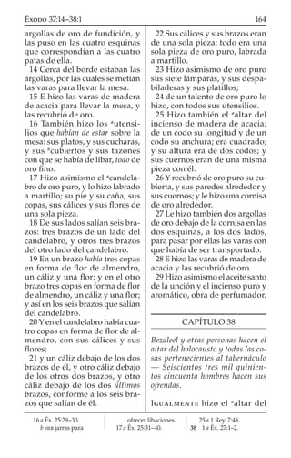 argollas de oro de fundición, y
las puso en las cuatro esquinas
que correspondían a las cuatro
patas de ella.
14 Cerca del borde estaban las
argollas, por las cuales se metían
las varas para llevar la mesa.
15 E hizo las varas de madera
de acacia para llevar la mesa, y
las recubrió de oro.
16 También hizo los a
utensi-
lios que habían de estar sobre la
mesa: sus platos, y sus cucharas,
y sus b
cubiertos y sus tazones
con que se había de libar, todo de
oro ﬁno.
17 Hizo asimismo el a
candela-
bro de oro puro, y lo hizo labrado
a martillo; su pie y su caña, sus
copas, sus cálices y sus ﬂores de
una sola pieza.
18 De sus lados salían seis bra-
zos: tres brazos de un lado del
candelabro, y otros tres brazos
del otro lado del candelabro.
19 En un brazo había tres copas
en forma de ﬂor de almendro,
un cáliz y una ﬂor; y en el otro
brazo tres copas en forma de ﬂor
de almendro, un cáliz y una ﬂor;
y así en los seis brazos que salían
del candelabro.
20 Y en el candelabro había cua-
tro copas en forma de ﬂor de al-
mendro, con sus cálices y sus
ﬂores;
21 y un cáliz debajo de los dos
brazos de él, y otro cáliz debajo
de los otros dos brazos, y otro
cáliz debajo de los dos últimos
brazos, conforme a los seis bra-
zos que salían de él.
22 Sus cálices y sus brazos eran
de una sola pieza; todo era una
sola pieza de oro puro, labrada
a martillo.
23 Hizo asimismo de oro puro
sus siete lámparas, y sus despa-
biladeras y sus platillos;
24 de un talento de oro puro lo
hizo, con todos sus utensilios.
25 Hizo también el a
altar del
incienso de madera de acacia;
de un codo su longitud y de un
codo su anchura; era cuadrado;
y su altura era de dos codos; y
sus cuernos eran de una misma
pieza con él.
26 Y recubrió de oro puro su cu-
bierta, y sus paredes alrededor y
sus cuernos; y le hizo una cornisa
de oro alrededor.
27 Le hizo también dos argollas
de oro debajo de la cornisa en las
dos esquinas, a los dos lados,
para pasar por ellas las varas con
que había de ser transportado.
28 E hizo las varas de madera de
acacia y las recubrió de oro.
29 Hizo asimismo el aceite santo
de la unción y el incienso puro y
aromático, obra de perfumador.
CAPÍTULO 38
Bezaleel y otras personas hacen el
altar del holocausto y todas las co-
sas pertenecientes al tabernáculo
— Seiscientos tres mil quinien-
tos cincuenta hombres hacen sus
ofrendas.
IGUALMENTE hizo el a
altar del
16 a Éx. 25:29–30.
b HEB jarras para
ofrecer libaciones.
17 a Éx. 25:31–40.
25 a 1 Rey. 7:48.
38 1 a Éx. 27:1–2.
164ÉXODO 37:14–38:1
 