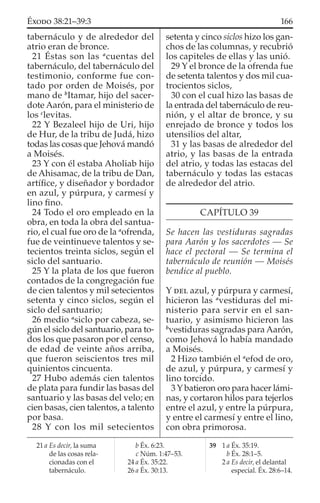 tabernáculo y de alrededor del
atrio eran de bronce.
21 Éstas son las a
cuentas del
tabernáculo, del tabernáculo del
testimonio, conforme fue con-
tado por orden de Moisés, por
mano de b
Itamar, hijo del sacer-
dote Aarón, para el ministerio de
los c
levitas.
22 Y Bezaleel hijo de Uri, hijo
de Hur, de la tribu de Judá, hizo
todas las cosas que Jehová mandó
a Moisés.
23 Y con él estaba Aholiab hijo
de Ahisamac, de la tribu de Dan,
artíﬁce, y diseñador y bordador
en azul, y púrpura, y carmesí y
lino ﬁno.
24 Todo el oro empleado en la
obra, en toda la obra del santua-
rio, el cual fue oro de la a
ofrenda,
fue de veintinueve talentos y se-
tecientos treinta siclos, según el
siclo del santuario.
25 Y la plata de los que fueron
contados de la congregación fue
de cien talentos y mil setecientos
setenta y cinco siclos, según el
siclo del santuario;
26 medio a
siclo por cabeza, se-
gún el siclo del santuario, para to-
dos los que pasaron por el censo,
de edad de veinte años arriba,
que fueron seiscientos tres mil
quinientos cincuenta.
27 Hubo además cien talentos
de plata para fundir las basas del
santuario y las basas del velo; en
cien basas, cien talentos, a talento
por basa.
28 Y con los mil setecientos
setenta y cinco siclos hizo los gan-
chos de las columnas, y recubrió
los capiteles de ellas y las unió.
29 Y el bronce de la ofrenda fue
de setenta talentos y dos mil cua-
trocientos siclos,
30 con el cual hizo las basas de
la entrada del tabernáculo de reu-
nión, y el altar de bronce, y su
enrejado de bronce y todos los
utensilios del altar,
31 y las basas de alrededor del
atrio, y las basas de la entrada
del atrio, y todas las estacas del
tabernáculo y todas las estacas
de alrededor del atrio.
CAPÍTULO 39
Se hacen las vestiduras sagradas
para Aarón y los sacerdotes — Se
hace el pectoral — Se termina el
tabernáculo de reunión — Moisés
bendice al pueblo.
Y DEL azul, y púrpura y carmesí,
hicieron las a
vestiduras del mi-
nisterio para servir en el san-
tuario, y asimismo hicieron las
b
vestiduras sagradas para Aarón,
como Jehová lo había mandado
a Moisés.
2 Hizo también el a
efod de oro,
de azul, y púrpura, y carmesí y
lino torcido.
3 Y batieron oro para hacer lámi-
nas, y cortaron hilos para tejerlos
entre el azul, y entre la púrpura,
y entre el carmesí y entre el lino,
con obra primorosa.
21 a Es decir, la suma
de las cosas rela-
cionadas con el
tabernáculo.
b Éx. 6:23.
c Núm. 1:47–53.
24 a Éx. 35:22.
26 a Éx. 30:13.
39 1 a Éx. 35:19.
b Éx. 28:1–5.
2 a Es decir, el delantal
especial. Éx. 28:6–14.
166ÉXODO 38:21–39:3
 