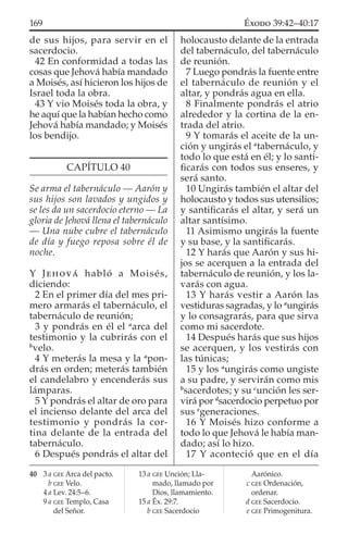 de sus hijos, para servir en el
sacerdocio.
42 En conformidad a todas las
cosas que Jehová había mandado
a Moisés, así hicieron los hijos de
Israel toda la obra.
43 Y vio Moisés toda la obra, y
he aquí que la habían hecho como
Jehová había mandado; y Moisés
los bendijo.
CAPÍTULO 40
Se arma el tabernáculo — Aarón y
sus hijos son lavados y ungidos y
se les da un sacerdocio eterno — La
gloria de Jehová llena el tabernáculo
— Una nube cubre el tabernáculo
de día y fuego reposa sobre él de
noche.
Y JEHOVÁ habló a Moisés,
diciendo:
2 En el primer día del mes pri-
mero armarás el tabernáculo, el
tabernáculo de reunión;
3 y pondrás en él el a
arca del
testimonio y la cubrirás con el
b
velo.
4 Y meterás la mesa y la a
pon-
drás en orden; meterás también
el candelabro y encenderás sus
lámparas.
5 Y pondrás el altar de oro para
el incienso delante del arca del
testimonio y pondrás la cor-
tina delante de la entrada del
tabernáculo.
6 Después pondrás el altar del
holocausto delante de la entrada
del tabernáculo, del tabernáculo
de reunión.
7 Luego pondrás la fuente entre
el tabernáculo de reunión y el
altar, y pondrás agua en ella.
8 Finalmente pondrás el atrio
alrededor y la cortina de la en-
trada del atrio.
9 Y tomarás el aceite de la un-
ción y ungirás el a
tabernáculo, y
todo lo que está en él; y lo santi-
ﬁcarás con todos sus enseres, y
será santo.
10 Ungirás también el altar del
holocausto y todos sus utensilios;
y santiﬁcarás el altar, y será un
altar santísimo.
11 Asimismo ungirás la fuente
y su base, y la santiﬁcarás.
12 Y harás que Aarón y sus hi-
jos se acerquen a la entrada del
tabernáculo de reunión, y los la-
varás con agua.
13 Y harás vestir a Aarón las
vestiduras sagradas, y lo a
ungirás
y lo consagrarás, para que sirva
como mi sacerdote.
14 Después harás que sus hijos
se acerquen, y los vestirás con
las túnicas;
15 y los a
ungirás como ungiste
a su padre, y servirán como mis
b
sacerdotes; y su c
unción les ser-
virá por d
sacerdocio perpetuo por
sus e
generaciones.
16 Y Moisés hizo conforme a
todo lo que Jehová le había man-
dado; así lo hizo.
17 Y aconteció que en el día
40 3 a GEE Arca del pacto.
b GEE Velo.
4 a Lev. 24:5–6.
9 a GEE Templo, Casa
del Señor.
13 a GEE Unción; Lla-
mado, llamado por
Dios, llamamiento.
15 a Éx. 29:7.
b GEE Sacerdocio
Aarónico.
c GEE Ordenación,
ordenar.
d GEE Sacerdocio.
e GEE Primogenitura.
169 ÉXODO 39:42–40:17
 