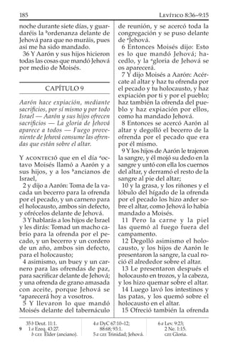 noche durante siete días, y guar-
daréis la b
ordenanza delante de
Jehová para que no muráis, pues
así me ha sido mandado.
36 Y Aarón y sus hijos hicieron
todas las cosas que mandó Jehová
por medio de Moisés.
CAPÍTULO 9
Aarón hace expiación, mediante
sacriﬁcios, por sí mismo y por todo
Israel — Aarón y sus hijos ofrecen
sacriﬁcios — La gloria de Jehová
aparece a todos — Fuego prove-
niente de Jehová consume las ofren-
das que están sobre el altar.
Y ACONTECIÓ que en el día a
oc-
tavo Moisés llamó a Aarón y a
sus hijos, y a los b
ancianos de
Israel,
2 y dijo a Aarón: Toma de la va-
cada un becerro para la ofrenda
por el pecado, y un carnero para
el holocausto, ambos sin defecto,
y ofrécelos delante de Jehová.
3 Y hablarás a los hijos de Israel
y les dirás: Tomad un macho ca-
brío para la ofrenda por el pe-
cado, y un becerro y un cordero
de un año, ambos sin defecto,
para el holocausto;
4 asimismo, un buey y un car-
nero para las ofrendas de paz,
para sacriﬁcar delante de Jehová;
y una ofrenda de grano amasada
con aceite, porque Jehová se
a
aparecerá hoy a vosotros.
5 Y llevaron lo que mandó
Moisés delante del tabernáculo
de reunión, y se acercó toda la
congregación y se puso delante
de a
Jehová.
6 Entonces Moisés dijo: Esto
es lo que mandó Jehová; ha-
cedlo, y la a
gloria de Jehová se
os aparecerá.
7 Y dijo Moisés a Aarón: Acér-
cate al altar y haz tu ofrenda por
el pecado y tu holocausto, y haz
expiación por ti y por el pueblo;
haz también la ofrenda del pue-
blo y haz expiación por ellos,
como ha mandado Jehová.
8 Entonces se acercó Aarón al
altar y degolló el becerro de la
ofrenda por el pecado que era
por él mismo.
9 Y los hijos de Aarón le trajeron
la sangre, y él mojó su dedo en la
sangre y untó con ella los cuernos
del altar, y derramó el resto de la
sangre al pie del altar;
10 y la grasa, y los riñones y el
lóbulo del hígado de la ofrenda
por el pecado los hizo arder so-
bre el altar, como Jehová lo había
mandado a Moisés.
11 Pero la carne y la piel
las quemó al fuego fuera del
campamento.
12 Degolló asimismo el holo-
causto, y los hijos de Aarón le
presentaron la sangre, la cual ro-
ció él alrededor sobre el altar.
13 Le presentaron después el
holocausto en trozos, y la cabeza,
y los hizo quemar sobre el altar.
14 Luego lavó los intestinos y
las patas, y los quemó sobre el
holocausto en el altar.
15 Ofreció también la ofrenda
35 b Deut. 11:1.
9 1 a Ezeq. 43:27.
b GEE Élder (anciano).
4 a DyC 67:10–12;
88:68; 93:1.
5 a GEE Trinidad; Jehová.
6 a Lev. 9:23;
2 Ne. 1:15.
GEE Gloria.
185 LEVÍTICO 8:36–9:15
 