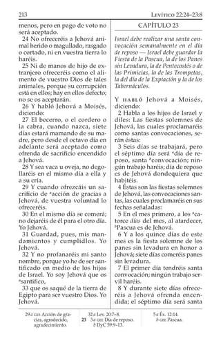 menos, pero en pago de voto no
será aceptado.
24 No ofreceréis a Jehová ani-
mal herido o magullado, rasgado
o cortado, ni en vuestra tierra lo
haréis.
25 Ni de manos de hijo de ex-
tranjero ofreceréis como el ali-
mento de vuestro Dios de tales
animales, porque su corrupción
está en ellos; hay en ellos defecto;
no se os aceptarán.
26 Y habló Jehová a Moisés,
diciendo:
27 El becerro, o el cordero o
la cabra, cuando nazca, siete
días estará mamando de su ma-
dre, pero desde el octavo día en
adelante será aceptado como
ofrenda de sacriﬁcio encendido
a Jehová.
28 Y sea vaca u oveja, no dego-
llaréis en el mismo día a ella y
a su cría.
29 Y cuando ofrezcáis un sa-
criﬁcio de a
acción de gracias a
Jehová, de vuestra voluntad lo
ofreceréis.
30 En el mismo día se comerá;
no dejaréis de él para el otro día.
Yo Jehová.
31 Guardad, pues, mis man-
damientos y cumplidlos. Yo
Jehová.
32 Y no profanaréis mi santo
nombre, porque yo he de ser san-
tiﬁcado en medio de los hijos
de Israel. Yo soy Jehová que os
a
santiﬁco,
33 que os saqué de la tierra de
Egipto para ser vuestro Dios. Yo
Jehová.
CAPÍTULO 23
Israel debe realizar una santa con-
vocación semanalmente en el día
de reposo — Israel debe guardar la
Fiesta de la Pascua, la de los Panes
sin Levadura, la de Pentecostés o de
las Primicias, la de las Trompetas,
la del día de la Expiación y la de los
Tabernáculos.
Y HABLÓ Jehová a Moisés,
diciendo:
2 Habla a los hijos de Israel y
diles: Las ﬁestas solemnes de
Jehová, las cuales proclamaréis
como santas convocaciones, se-
rán éstas:
3 Seis días se trabajará, pero
el séptimo día será a
día de re-
poso, santa b
convocación; nin-
gún trabajo haréis; día de reposo
es de Jehová dondequiera que
habitéis.
4 Éstas son las ﬁestas solemnes
de Jehová, las convocaciones san-
tas, las cuales proclamaréis en sus
fechas señaladas:
5 En el mes primero, a los a
ca-
torce días del mes, al atardecer,
b
Pascua es de Jehová.
6 Y a los quince días de este
mes es la ﬁesta solemne de los
panes sin levadura en honor a
Jehová; siete días comeréis panes
sin levadura.
7 El primer día tendréis santa
convocación; ningún trabajo ser-
vil haréis.
8 Y durante siete días ofrece-
réis a Jehová ofrenda encen-
dida; el séptimo día será santa
29 a GEE Acción de gra-
cias, agradecido,
agradecimiento.
32 a Lev. 20:7–8.
23 3 a GEE Día de reposo.
b DyC 59:9–13.
5 a Éx. 12:14.
b GEE Pascua.
213 LEVÍTICO 22:24–23:8
 