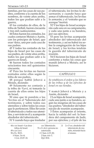 familias, por las casas de sus pa-
dres, conforme a la cuenta de los
nombres, de veinte años arriba,
todos los que podían salir a la
guerra,
43 los contados de ellos, de la
tribu de Neftalí, fueron cincuenta
y tres mil cuatrocientos.
44 Éstos fueron los contados, los
cuales contaron Moisés y Aarón,
con los príncipes de Israel, que
eran a
doce, uno por cada casa de
sus padres.
45 Y todos los contados de los
hijos de Israel por las casas de
sus padres, de veinte años arriba,
todos los que podían salir a la
guerra en Israel,
46 fueron todos los contados
seiscientos tres mil quinientos
cincuenta.
47 Pero los levitas no fueron
contados entre ellos según la
tribu de sus padres,
48 porque habló Jehová a
Moisés, diciendo:
49 Solamente no contarás a
la tribu de a
Leví, ni tomarás la
cuenta de ellos entre los hijos
de Israel,
50 sino que tú pondrás a los
a
levitas en el b
tabernáculo del
testimonio, y sobre todos sus
utensilios y sobre todas las cosas
que le pertenecen. Ellos llevarán
el tabernáculo y todos sus utensi-
lios, y servirán en él y acamparán
alrededor del tabernáculo.
51 Y cuando haya que trasladar
el tabernáculo, los levitas lo de-
sarmarán; y cuando haya que
armar el tabernáculo, los levitas
lo armarán; y el a
extraño que se
acerque b
morirá.
52 Y los hijos de Israel acampa-
rán cada uno en su campamento,
y cada uno junto a su bandera,
por sus ejércitos;
53 pero los levitas acamparán
alrededor del tabernáculo del
testimonio, y así no habrá ira so-
bre la congregación de los hijos
de Israel; y los levitas tendrán
la guarda del tabernáculo de
reunión.
54 E hicieron los hijos de Israel
conforme a todas las cosas que
mandó Jehová a Moisés; así lo
hicieron.
CAPÍTULO 2
Se establecen el orden y los líderes
de las tribus y de los ejércitos de
Israel en sus tiendas.
Y HABLÓ Jehová a Moisés y a
Aarón, diciendo:
2 Los hijos de Israel acamparán,
cada uno junto a su bandera, se-
gún las insignias de las casas de
sus padres; a
alrededor del taber-
náculo de reunión acamparán.
3 Éstos acamparán al oriente,
hacia la salida del sol: la ban-
dera del campamento de Judá,
por sus ejércitos; y el jefe de los
44 a GEE Israel—Las doce
tribus de Israel.
49 a GEE Leví.
50 a Éx. 38:21.
b Núm. 3:6–8;
1 Cró. 23:27–32.
GEE Tabernáculo.
51 a Es decir, persona no
autorizada.
b 1 Sam. 6:19–20;
2 Sam. 6:6–7;
DyC 85:8.
2 2 a O sea, alrededor del
tabernáculo de reu-
nión, mirando hacia
el mismo.
228NÚMEROS 1:43–2:3
 