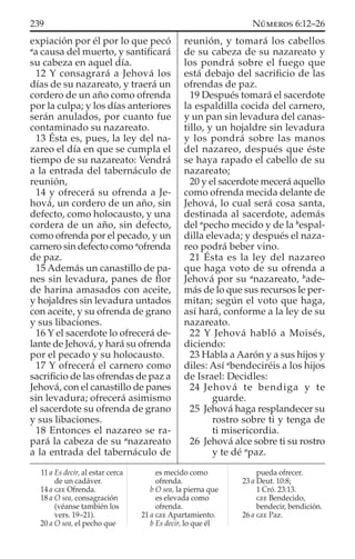 expiación por él por lo que pecó
a
a causa del muerto, y santiﬁcará
su cabeza en aquel día.
12 Y consagrará a Jehová los
días de su nazareato, y traerá un
cordero de un año como ofrenda
por la culpa; y los días anteriores
serán anulados, por cuanto fue
contaminado su nazareato.
13 Ésta es, pues, la ley del na-
zareo el día en que se cumpla el
tiempo de su nazareato: Vendrá
a la entrada del tabernáculo de
reunión,
14 y ofrecerá su ofrenda a Je-
hová, un cordero de un año, sin
defecto, como holocausto, y una
cordera de un año, sin defecto,
como ofrenda por el pecado, y un
carnero sin defecto como a
ofrenda
de paz.
15 Además un canastillo de pa-
nes sin levadura, panes de ﬂor
de harina amasados con aceite,
y hojaldres sin levadura untados
con aceite, y su ofrenda de grano
y sus libaciones.
16 Y el sacerdote lo ofrecerá de-
lante de Jehová, y hará su ofrenda
por el pecado y su holocausto.
17 Y ofrecerá el carnero como
sacriﬁcio de las ofrendas de paz a
Jehová, con el canastillo de panes
sin levadura; ofrecerá asimismo
el sacerdote su ofrenda de grano
y sus libaciones.
18 Entonces el nazareo se ra-
pará la cabeza de su a
nazareato
a la entrada del tabernáculo de
reunión, y tomará los cabellos
de su cabeza de su nazareato y
los pondrá sobre el fuego que
está debajo del sacriﬁcio de las
ofrendas de paz.
19 Después tomará el sacerdote
la espaldilla cocida del carnero,
y un pan sin levadura del canas-
tillo, y un hojaldre sin levadura
y los pondrá sobre las manos
del nazareo, después que éste
se haya rapado el cabello de su
nazareato;
20 y el sacerdote mecerá aquello
como ofrenda mecida delante de
Jehová, lo cual será cosa santa,
destinada al sacerdote, además
del a
pecho mecido y de la b
espal-
dilla elevada; y después el naza-
reo podrá beber vino.
21 Ésta es la ley del nazareo
que haga voto de su ofrenda a
Jehová por su a
nazareato, b
ade-
más de lo que sus recursos le per-
mitan; según el voto que haga,
así hará, conforme a la ley de su
nazareato.
22 Y Jehová habló a Moisés,
diciendo:
23 Habla a Aarón y a sus hijos y
diles: Así a
bendeciréis a los hijos
de Israel: Decidles:
24 Jehová te bendiga y te
guarde.
25 Jehová haga resplandecer su
rostro sobre ti y tenga de
ti misericordia.
26 Jehová alce sobre ti su rostro
y te dé a
paz.
11 a Es decir, al estar cerca
de un cadáver.
14 a GEE Ofrenda.
18 a O sea, consagración
(véanse también los
vers. 19–21).
20 a O sea, el pecho que
es mecido como
ofrenda.
b O sea, la pierna que
es elevada como
ofrenda.
21 a GEE Apartamiento.
b Es decir, lo que él
pueda ofrecer.
23 a Deut. 10:8;
1 Cró. 23:13.
GEE Bendecido,
bendecir, bendición.
26 a GEE Paz.
239 NÚMEROS 6:12–26
 