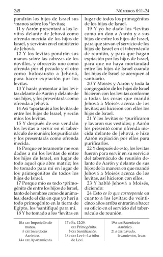 pondrán los hijos de Israel sus
a
manos sobre los b
levitas;
11 y Aarón presentará a los le-
vitas delante de Jehová como
ofrenda mecida de los hijos de
Israel, y servirán en el ministerio
de Jehová.
12 Y los levitas pondrán sus
manos sobre las cabezas de los
novillos, y ofrecerás uno como
ofrenda por el pecado y el otro
como holocausto a Jehová,
para hacer expiación por los
levitas.
13 Y harás presentar a los levi-
tas delante de Aarón y delante de
sus hijos, y los presentarás como
ofrenda a Jehová.
14 Así a
apartarás a los levitas de
entre los hijos de Israel, y serán
míos los levitas.
15 Y después de eso vendrán
los levitas a servir en el taber-
náculo de reunión; los puriﬁcarás
y los presentarás como ofrenda
mecida.
16 Porque enteramente me son
dados a mí los levitas de entre
los hijos de Israel, en lugar de
todo aquel que abre matriz; los
he tomado para mí en lugar de
los primogénitos de todos los
hijos de Israel.
17 Porque mío es todo a
primo-
génito de entre los hijos de Israel,
tanto de hombres como de anima-
les; desde el día en que yo herí a
todo primogénito en la tierra de
Egipto, los b
santiﬁqué para mí.
18 Y he tomado a los a
levitas en
lugar de todos los primogénitos
de los hijos de Israel.
19 Y yo he dado los a
levitas
como un don a Aarón y a sus
hijos de entre los hijos de Israel,
para que sirvan el servicio de los
hijos de Israel en el tabernáculo
de reunión, y para que hagan
expiación por los hijos de Israel,
para que no haya mortandad
entre los hijos de Israel cuando
los hijos de Israel se acerquen al
santuario.
20 Y Moisés y Aarón y toda la
congregación de los hijos de Israel
hicieron con los levitas conforme
a todas las cosas que mandó
Jehová a Moisés acerca de los
levitas; así hicieron con ellos los
hijos de Israel.
21 Y los levitas se a
puriﬁcaron
y lavaron sus vestidos; y Aarón
los presentó como ofrenda me-
cida delante de Jehová, e hizo
Aarón expiación por ellos para
puriﬁcarlos.
22 Y después de esto, los levitas
fueron para servir en su servicio
del tabernáculo de reunión de-
lante de Aarón y delante de sus
hijos; de la manera en que mandó
Jehová a Moisés acerca de los
levitas, así hicieron con ellos.
23 Y habló Jehová a Moisés,
diciendo:
24 Esto es lo que corresponde en
cuanto a los levitas: de veinti-
cinco años arriba entrarán a hacer
su oﬁcio en el servicio del taber-
náculo de reunión.
10 a GEE Imposición de
manos.
b GEE Sacerdocio
Aarónico.
14 a GEE Apartamiento.
17 a Éx. 12:29.
GEE Primogénito.
b GEE Santiﬁcación.
18 a GEE Leví—La tribu
de Leví.
19 a GEE Sacerdocio
Aarónico.
21 a GEE Lavado,
lavamientos, lavar.
245 NÚMEROS 8:11–24
 