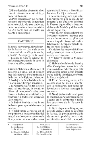 25 Pero desde los cincuenta años
cesarán de ejercer su servicio, y
no servirán más.
26 Pero servirán con sus herma-
nos en el tabernáculo de reunión
en el ejercicio de sus deberes,
pero no servirán en el ministe-
rio. Así harás con los levitas en
cuanto a sus cargos.
CAPÍTULO 9
Se manda nuevamente a Israel guar-
dar la Pascua — Una nube cubre
el tabernáculo de día y de noche,
y también había fuego en la noche
— Cuando la nube se detenía, Is-
rael acampaba; cuando la nube se
levantaba, ellos partían.
Y HABLÓ a
Jehová a Moisés en el
desierto de Sinaí, en el primer
mes del segundo año de su salida
de la tierra de Egipto, diciendo:
2 Los hijos de Israel celebrarán la
a
Pascua en el tiempo señalado.
3 El a
decimocuarto día de este
mes, al atardecer, la celebra-
réis en el tiempo señalado; con-
forme a todos sus estatutos y
conforme a todos sus decretos
la celebraréis.
4 Y habló Moisés a los hijos
de Israel para que celebrasen la
Pascua.
5 Y celebraron la Pascua en el
mes primero, a los catorce días del
mes, al atardecer, en el desierto de
Sinaí; conforme a todas las cosas
que mandó Jehová a Moisés, así
hicieron los hijos de Israel.
6 Pero hubo algunos que esta-
ban a
impuros por causa de un
muerto, y no pudieron celebrar
la Pascua aquel día; y llegaron
delante de Moisés y delante de
Aarón aquel día,
7 y les dijeron aquellos hombres:
Nosotros estamos impuros por
causa de un muerto. ¿Por qué
se nos impide ofrecer ofrenda a
Jehová en el tiempo señalado en-
tre los hijos de Israel?
8 Y Moisés les respondió: Espe-
rad, y a
oiré qué mandará Jehová
acerca de vosotros.
9 Y Jehová habló a Moisés,
diciendo:
10 Habla a los hijos de Israel y
diles: Cualquiera de vosotros o de
vuestros descendientes que esté
impuro por causa de un muerto
o que esté de viaje lejos, celebrará
la Pascua a Jehová.
11 En el a
mes segundo, a los
catorce días del mes, al atarde-
cer, la celebrarán; con panes sin
levadura y hierbas amargas la
comerán.
12 No dejarán nada de él para
la mañana, ni a
quebrarán hueso
alguno en él; conforme a todos
los estatutos de la Pascua la
celebrarán.
13 Pero el que esté limpio y no
esté de viaje, si deja de celebrar
la Pascua, tal persona será talada
de entre su pueblo; por cuanto
no ofreció a su debido tiempo la
9 1 a GEE Jehová.
2 a GEE Pascua.
3 a Éx. 12:3–17.
6 a Es decir, por haber
tocado un cadáver.
Núm. 5:1–4.
8 a DyC 102:23.
GEE Revelación.
11 a 2 Cró. 30:2–27.
12 a Juan 19:31–36.
GEE Jesucristo—
Simbolismos o sím-
bolos de Jesucristo.
246NÚMEROS 8:25–9:13
 