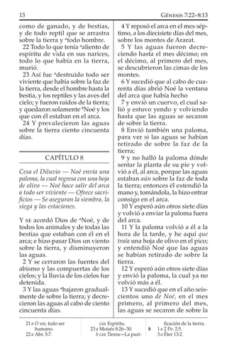 como de ganado, y de bestias,
y de todo reptil que se arrastra
sobre la tierra y a
todo hombre.
22 Todo lo que tenía a
aliento de
espíritu de vida en sus narices,
todo lo que había en la tierra,
murió.
23 Así fue a
destruido todo ser
viviente que había sobre la faz de
la tierra, desde el hombre hasta la
bestia, y los reptiles y las aves del
cielo; y fueron raídos de la tierra;
y quedaron solamente b
Noé y los
que con él estaban en el arca.
24 Y prevalecieron las aguas
sobre la tierra ciento cincuenta
días.
CAPÍTULO 8
Cesa el Diluvio — Noé envía una
paloma, la cual regresa con una hoja
de olivo — Noé hace salir del arca
a todo ser viviente — Ofrece sacri-
ﬁcios — Se aseguran la siembra, la
siega y las estaciones.
Y SE acordó Dios de a
Noé, y de
todos los animales y de todas las
bestias que estaban con él en el
arca; e hizo pasar Dios un viento
sobre la tierra, y disminuyeron
las aguas.
2 Y se cerraron las fuentes del
abismo y las compuertas de los
cielos; y la lluvia de los cielos fue
detenida.
3 Y las aguas a
bajaron gradual-
mente de sobre la tierra; y decre-
cieron las aguas al cabo de ciento
cincuenta días.
4 Y reposó el arca en el mes sép-
timo, a los diecisiete días del mes,
sobre los montes de Ararat.
5 Y las aguas fueron decre-
ciendo hasta el mes décimo; en
el décimo, al primero del mes,
se descubrieron las cimas de los
montes.
6 Y sucedió que al cabo de cua-
renta días abrió Noé la ventana
del arca que había hecho
7 y envió un cuervo, el cual sa-
lió y estuvo yendo y volviendo
hasta que las aguas se secaron
de sobre la tierra.
8 Envió también una paloma,
para ver si las aguas se habían
retirado de sobre la faz de la
tierra;
9 y no halló la paloma dónde
sentar la planta de su pie y vol-
vió a él, al arca, porque las aguas
estaban aún sobre la faz de toda
la tierra; entonces él extendió la
mano y, tomándola, la hizo entrar
consigo en el arca.
10 Y esperó aún otros siete días
y volvió a enviar la paloma fuera
del arca.
11 Y la paloma volvió a él a la
hora de la tarde, y he aquí que
traía una hoja de olivo en el pico;
y entendió Noé que las aguas
se habían retirado de sobre la
tierra.
12 Y esperó aún otros siete días
y envió la paloma, la cual ya no
volvió más a él.
13 Y sucedió que en el año seis-
cientos uno de Noé, en el mes
primero, al primero del mes,
las aguas se secaron de sobre la
21 a O sea, todo ser
humano.
22 a Abr. 5:7.
GEE Espíritu.
23 a Moisés 8:26–30.
b GEE Tierra—La puri-
ﬁcación de la tierra.
8 1 a 2 Pe. 2:5.
3 a Éter 13:2.
13 GÉNESIS 7:22–8:13
 
