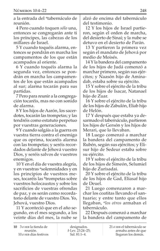 a la entrada del a
tabernáculo de
reunión.
4 Pero cuando toquen sólo una,
entonces se congregarán ante ti
los príncipes, las cabezas de los
millares de Israel.
5 Y cuando toquéis alarma, en-
tonces se pondrán en marcha los
campamentos de los que están
acampados al oriente.
6 Y cuando toquéis alarma la
segunda vez, entonces se pon-
drán en marcha los campamen-
tos de los que están acampados
al sur; alarma tocarán para sus
partidas.
7 Pero para reunir a la congrega-
ción tocaréis, mas no con sonido
de alarma.
8 Y los hijos de Aarón, los sacer-
dotes, tocarán las trompetas; y las
tendréis como estatuto perpetuo
por vuestras generaciones.
9 Y cuando salgáis a la guerra en
vuestra tierra contra el enemigo
que os oprima, tocaréis alarma
con las trompetas; y seréis recor-
dados delante de Jehová vuestro
Dios, y seréis salvos de vuestros
enemigos.
10 Y en el día de vuestra alegría,
y en vuestras a
solemnidades y en
los principios de vuestros me-
ses, tocaréis las b
trompetas sobre
vuestros holocaustos y sobre los
sacriﬁcios de vuestras ofrendas
de paz, y os serán como recorda-
torio delante de vuestro Dios. Yo,
Jehová, vuestro Dios.
11 Y aconteció que en el año se-
gundo, en el mes segundo, a los
veinte días del mes, la nube se
alzó de encima del tabernáculo
del testimonio.
12 Y los hijos de Israel partie-
ron, según el orden de marcha,
del desierto de Sinaí; y la nube se
detuvo en el desierto de Parán.
13 Y partieron la primera vez
según el mandato de Jehová por
medio de Moisés.
14 Y la bandera del campamento
de los hijos de Judá comenzó a
marchar primero, según sus ejér-
citos; y Naasón hijo de Amina-
dab, estaba sobre su ejército.
15 Y sobre el ejército de la tribu
de los hijos de Isacar, Natanael
hijo de Zuar.
16 Y sobre el ejército de la tribu
de los hijos de Zabulón, Eliab hijo
de Helón.
17 Y después que estaba ya de-
sarmado el tabernáculo, partieron
los hijos de Gersón y los hijos de
Merari, que lo llevaban.
18 Luego comenzó a marchar
la bandera del campamento de
Rubén, según sus ejércitos; y Eli-
sur hijo de Sedeur estaba sobre
su ejército.
19 Y sobre el ejército de la tribu
de los hijos de Simeón, Selumiel
hijo de Zurisadai.
20 Y sobre el ejército de la tribu
de los hijos de Gad, Eliasaf hijo
de Deuel.
21 Luego comenzaron a mar-
char los coatitas llevando el san-
tuario; y entre tanto que ellos
llegaban, a
los otros armaban el
tabernáculo.
22 Después comenzó a marchar
la bandera del campamento de
10 3 a HEB la tienda de
reunión.
10 a HEB días festivos
designados.
b Lev. 23:24–25;
Sal. 81:1–4.
21 a HEB el tabernáculo se
armaba antes de que
llegaran los demás.
248NÚMEROS 10:4–22
 