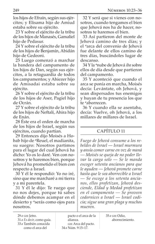 los hijos de Efraín, según sus ejér-
citos; y Elisama hijo de Amiud
estaba sobre su ejército.
23 Y sobre el ejército de la tribu
de los hijos de Manasés, Gamaliel
hijo de Pedasur.
24 Y sobre el ejército de la tribu
de los hijos de Benjamín, Abidán
hijo de Gedeoni.
25 Luego comenzó a marchar
la bandera del campamento de
los hijos de Dan, según sus ejér-
citos, a la retaguardia de todos
los campamentos; y Ahiezer hijo
de Amisadai estaba sobre su
ejército.
26 Y sobre el ejército de la tribu
de los hijos de Aser, Pagiel hijo
de Ocrán.
27 Y sobre el ejército de la tribu
de los hijos de Neftalí, Ahira hijo
de Enán.
28 Éste era el orden de marcha
de los hijos de Israel, según sus
ejércitos, cuando partían.
29 Entonces dijo Moisés a Ho-
bab hijo de a
Reuel, el madianita,
su suegro: Nosotros partimos
para el lugar del cual Jehová ha
dicho: Yo os lo daré. Ven con no-
sotros y te haremos bien, porque
Jehová ha prometido el bien con
respecto a Israel.
30 Y él le respondió: Yo no iré,
sino que me marcharé a mi tierra
y a mi parentela.
31 Y él le dijo: Te ruego que
no nos dejes, porque tú sabes
dónde debemos acampar en el
desierto y a
serás como ojos para
nosotros.
32 Y será que si vienes con no-
sotros, cuando tengamos el bien
que Jehová nos ha de hacer, no-
sotros te haremos el bien.
33 Así partieron del monte de
Jehová camino de tres días; y
el a
arca del convenio de Jehová
fue delante de ellos camino de
tres días, buscándoles lugar de
descanso.
34 Y la a
nube de Jehová iba sobre
ellos de día desde que partieron
del campamento.
35 Y aconteció que cuando el
arca se ponía en marcha, Moisés
decía: Levántate, oh Jehová, y
sean dispersados tus enemigos
y huyan de tu presencia los que
te a
aborrecen.
36 Y cuando ella se asentaba,
decía: Vuelve, oh Jehová, a los
millares de millares de Israel.
CAPÍTULO 11
Fuego de Jehová consume a los re-
beldes de Israel — Israel murmura
y ansía comer carne en vez de maná
— Moisés se queja de no poder lle-
var la carga solo — Se le manda
escoger setenta ancianos para que
le ayuden — Jehová promete carne
hasta que le sea aborrecible a Israel
— Se escoge a los setenta ancia-
nos, ellos profetizan, Jehová des-
ciende, Eldad y Medad profetizan
en el campamento — Se proveen
codornices a Israel — Israel codi-
cia; sigue una gran plaga y muchos
mueren.
29 a GEE Jetro.
31 a Es decir, como guía.
33 a También conocida
como el arca del
pacto o el arca de la
alianza.
GEE Arca del pacto.
34 a Núm. 9:15–17.
35 a GEE Odio,
aborrecimiento.
249 NÚMEROS 10:23–36
 