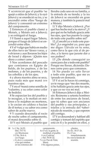 Y ACONTECIÓ que el pueblo a
se
quejó a oídos de Jehová; y lo oyó
Jehová y se enardeció su ira, y se
encendió entre ellos b
fuego de
Jehová c
y consumió un extremo
del campamento.
2 Entonces el pueblo clamó a
Moisés, y Moisés oró a Jehová;
y se extinguió el fuego.
3 Y llamó a aquel lugar Tabera,
porque el fuego de Jehová se en-
cendió entre ellos.
4 Y el a
vulgo que había en medio
de ellos tuvo un b
deseo voraz, y
volvieron y aun lloraron los hijos
de Israel y dijeron: c
¡Quién nos
diera a comer carne!
5 Nos acordamos del pescado
que comíamos en Egipto de
balde, de los pepinos, y de los
melones, y de los puerros, y de
las cebollas y de los ajos;
6 y ahora nuestra alma se seca,
pues nada más que maná ven
nuestros ojos.
7 Y era el a
maná como semilla de
b
culantro, y su color como color
de bedelio.
8 Se esparcían los del pueblo y
lo recogían, y lo molían en mo-
linos o lo majaban en morteros,
y lo cocían en caldera o hacían
de él tortas; y su sabor era como
sabor de aceite nuevo.
9 Y cuando descendía el rocío
de noche sobre el campamento,
el maná descendía sobre él.
10 Y oyó Moisés al pueblo que
lloraba cada uno en su familia, a
la entrada de su tienda; y la ira
de Jehová se encendió en gran
manera, y también le pareció mal
a Moisés.
11 Y dijo Moisés a Jehová: ¿Por
qué has hecho mal a tu siervo? ¿Y
por qué no he hallado gracia ante
tus ojos, que has puesto la carga
de todo este pueblo sobre mí?
12 ¿Concebí yo a todo este pue-
blo? ¿Lo engendré yo, para que
me digas: Llévalo en tu seno,
como lleva la que cría al de pe-
cho, a la tierra que juraste dar a
sus padres?
13 ¿De dónde conseguiré yo
carne para dar a todo este pueblo?
Porque me lloran, diciendo: Da-
nos carne para que comamos.
14 No puedo yo solo llevar
a todo este pueblo, que me es
a
pesado en demasía.
15 Y si así lo haces tú conmigo,
yo te ruego que a
me des muerte,
si he hallado gracia ante tus ojos,
y que yo no vea mi mal.
16 Entonces Jehová dijo a Moi-
sés: Reúneme a setenta hombres
de entre los ancianos de Israel,
que tú sabes que son ancianos
del pueblo y sus principales, y
tráelos a la entrada del a
taber-
náculo de reunión, y que esperen
allí contigo.
17 Y yo descenderé y hablaré allí
contigo; y tomaré del espíritu que
está en ti y lo pondré en ellos, y
11 1 a 1 Ne. 16:22;
DyC 75:7–8.
GEE Murmurar.
b 2 Ne. 26:4–6.
GEE Fuego.
c Es decir, y consumió
a los que estaban
en los extremos del
campamento.
4 a O sea, la gente, la
multitud, el pueblo.
b GEE Codiciar.
c Sal. 78:18–22.
7 a GEE Pan de Vida;
Maná.
b En algunos países,
cilantro.
14 a Éx. 18:17–26.
15 a O sea,
inmediatamente.
16 a HEB la tienda de
reunión.
250NÚMEROS 11:1–17
 