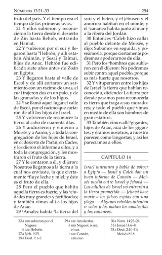 fruto del país. Y el tiempo era el
tiempo de las primeras uvas.
21 Y ellos subieron y recono-
cieron la tierra desde el desierto
de Zin hasta Rehob, entrando
en Hamat.
22 Y a
subieron por el sur y lle-
garon hasta b
Hebrón; y allí esta-
ban Ahimán, y Sesai y Talmai,
hijos de Anac. Hebrón fue edi-
ﬁcada siete años antes de Zoán
en Egipto.
23 Y llegaron hasta el valle de
Escol y de allí cortaron un sar-
miento con un racimo de uvas, el
cual trajeron dos en un palo, y de
las granadas y de los higos.
24 Y se llamó aquel lugar el valle
de Escol, por el racimo que corta-
ron de allí los hijos de Israel.
25 Y volvieron de reconocer la
tierra al cabo de cuarenta días.
26 Y anduvieron y vinieron a
Moisés y a Aarón, y a toda la con-
gregación de los hijos de Israel,
en el desierto de Parán, en Cades,
y les dieron el informe a ellos, y a
toda la congregación, y les mos-
traron el fruto de la tierra.
27 Y le contaron a él, y dijeron:
Nosotros llegamos a la tierra a la
cual nos enviaste, la que cierta-
mente a
ﬂuye leche y miel; y éste
es el fruto de ella.
28 Pero el pueblo que habita
aquella tierra es fuerte, y las a
ciu-
dades muy grandes y fortiﬁcadas;
y también vimos allí a los hijos
de Anac.
29 a
Amalec habita b
la tierra del
sur; y el heteo, y el jebuseo y el
amorreo habitan en el monte; y
el c
cananeo habita junto al mar y
a la ribera del Jordán.
30 Entonces a
Caleb hizo callar
al pueblo delante de Moisés, y
dijo: Subamos en seguida, y po-
seámosla, porque ciertamente po-
dremos apoderarnos de ella.
31 Pero los a
hombres que subie-
ron con él dijeron: No podremos
subir contra aquel pueblo, porque
es más fuerte que nosotros.
32 Y vituperaron entre los hijos
de Israel la tierra que habían re-
conocido, diciendo: La tierra por
donde pasamos para reconocerla
es tierra que traga a sus morado-
res; y todo el pueblo que vimos
en medio de ella son hombres de
gran estatura.
33 También vimos allí a
gigantes,
hijos de Anac, raza de los gigan-
tes; y éramos nosotros, a nuestro
parecer, como langostas; y así les
parecíamos a ellos.
CAPÍTULO 14
Israel murmura y habla de volver
a Egipto — Josué y Caleb dan un
buen informe de Canaán — Moi-
sés media entre Israel y Jehová —
Los adultos de Israel no entrarán a
la tierra prometida — Jehová hace
morir a los falsos espías con una
plaga — Algunos rebeldes intentan
ir solos y los matan los amalecitas
y los cananeos.
22 a HEB subieron por el
Neguev.
b GEE Hebrón.
27 a Neh. 9:25.
28 a Deut. 9:1–2.
29 a GEE Amalecitas.
b HEB Neguev, o sea,
el sur.
c GEE Canaán,
cananeo.
30 a Núm. 14:23–24.
31 a Josué 14:6–8.
33 a Deut. 2:10–11;
Moisés 8:18.
254NÚMEROS 13:21–33
 