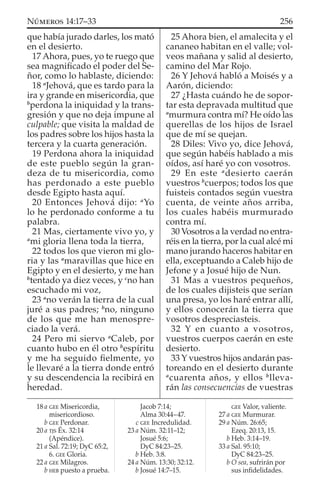 que había jurado darles, los mató
en el desierto.
17 Ahora, pues, yo te ruego que
sea magniﬁcado el poder del Se-
ñor, como lo hablaste, diciendo:
18 a
Jehová, que es tardo para la
ira y grande en misericordia, que
b
perdona la iniquidad y la trans-
gresión y que no deja impune al
culpable; que visita la maldad de
los padres sobre los hijos hasta la
tercera y la cuarta generación.
19 Perdona ahora la iniquidad
de este pueblo según la gran-
deza de tu misericordia, como
has perdonado a este pueblo
desde Egipto hasta aquí.
20 Entonces Jehová dijo: a
Yo
lo he perdonado conforme a tu
palabra.
21 Mas, ciertamente vivo yo, y
a
mi gloria llena toda la tierra,
22 todos los que vieron mi glo-
ria y las a
maravillas que hice en
Egipto y en el desierto, y me han
b
tentado ya diez veces, y c
no han
escuchado mi voz,
23 a
no verán la tierra de la cual
juré a sus padres; b
no, ninguno
de los que me han menospre-
ciado la verá.
24 Pero mi siervo a
Caleb, por
cuanto hubo en él otro b
espíritu
y me ha seguido ﬁelmente, yo
le llevaré a la tierra donde entró
y su descendencia la recibirá en
heredad.
25 Ahora bien, el amalecita y el
cananeo habitan en el valle; vol-
veos mañana y salid al desierto,
camino del Mar Rojo.
26 Y Jehová habló a Moisés y a
Aarón, diciendo:
27 ¿Hasta cuándo he de sopor-
tar esta depravada multitud que
a
murmura contra mí? He oído las
querellas de los hijos de Israel
que de mí se quejan.
28 Diles: Vivo yo, dice Jehová,
que según habéis hablado a mis
oídos, así haré yo con vosotros.
29 En este a
desierto caerán
vuestros b
cuerpos; todos los que
fuisteis contados según vuestra
cuenta, de veinte años arriba,
los cuales habéis murmurado
contra mí.
30 Vosotros a la verdad no entra-
réis en la tierra, por la cual alcé mi
mano jurando haceros habitar en
ella, exceptuando a Caleb hijo de
Jefone y a Josué hijo de Nun.
31 Mas a vuestros pequeños,
de los cuales dijisteis que serían
una presa, yo los haré entrar allí,
y ellos conocerán la tierra que
vosotros despreciasteis.
32 Y en cuanto a vosotros,
vuestros cuerpos caerán en este
desierto.
33 Y vuestros hijos andarán pas-
toreando en el desierto durante
a
cuarenta años, y ellos b
lleva-
rán las consecuencias de vuestras
18 a GEE Misericordia,
misericordioso.
b GEE Perdonar.
20 a TJS Éx. 32:14
(Apéndice).
21 a Sal. 72:19; DyC 65:2,
6. GEE Gloria.
22 a GEE Milagros.
b HEB puesto a prueba.
Jacob 7:14;
Alma 30:44–47.
c GEE Incredulidad.
23 a Núm. 32:11–12;
Josué 5:6;
DyC 84:23–25.
b Heb. 3:8.
24 a Núm. 13:30; 32:12.
b Josué 14:7–15.
GEE Valor, valiente.
27 a GEE Murmurar.
29 a Núm. 26:65;
Ezeq. 20:13, 15.
b Heb. 3:14–19.
33 a Sal. 95:10;
DyC 84:23–25.
b O sea, sufrirán por
sus inﬁdelidades.
256NÚMEROS 14:17–33
 